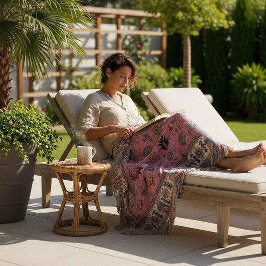 Anatolian Inspired outdoor woven throw blanket with rug-style pattern for patio styling