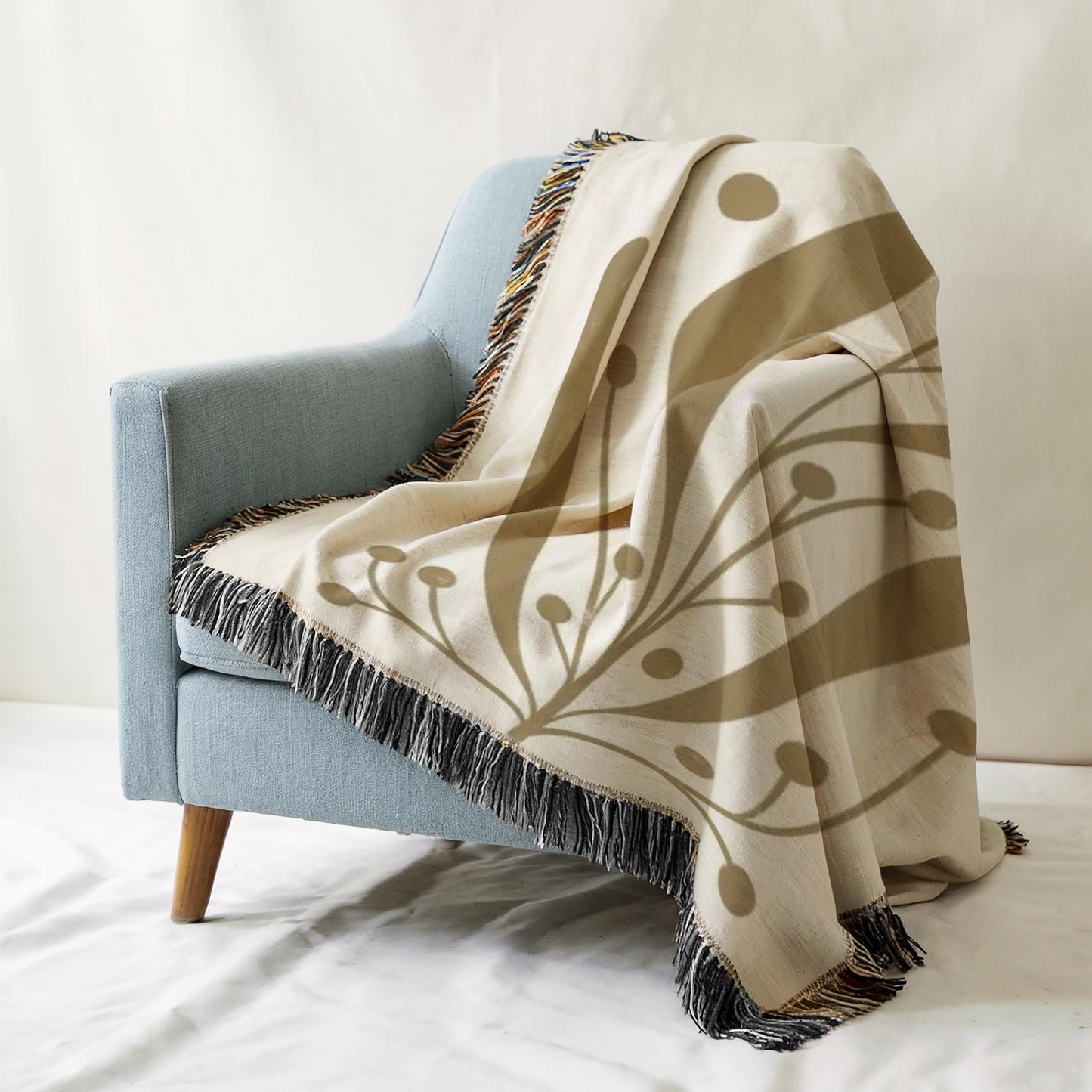 Mid Century Modern Throw - Woven Cotton Blanket with Botanical Pattern | Cozy Scandi Design