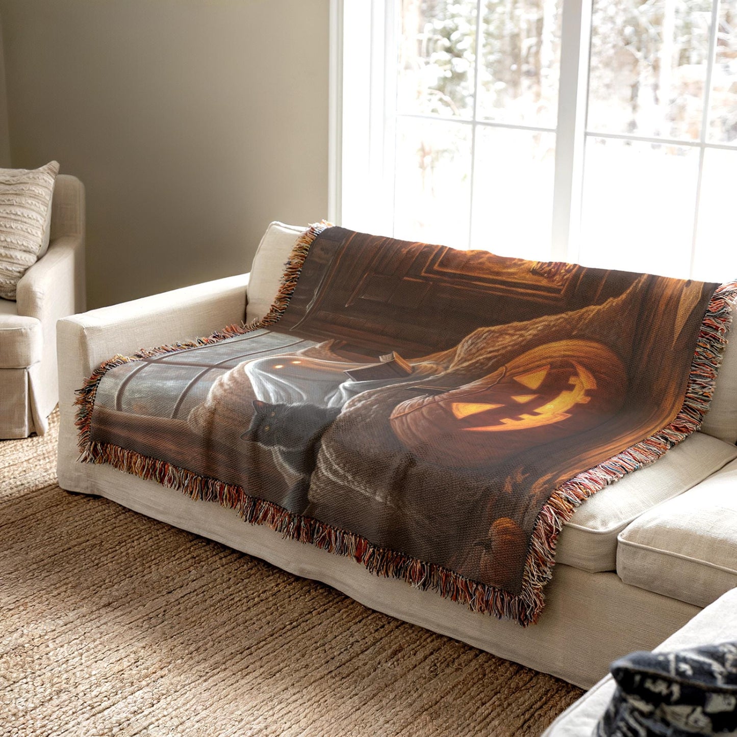 Halloween Living-Room Blanket – Cozy Fall Cotton Woven Throw with Black Cat Tapestry
