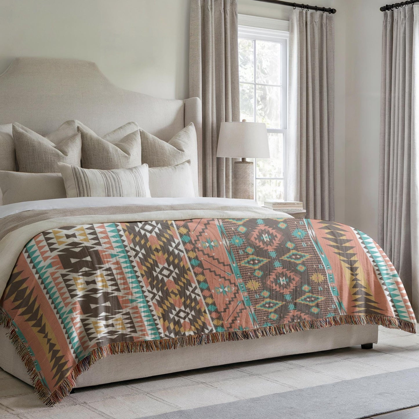 a cozy bedroom with a large bed featuring a colorful, patterned blanket. The bed is positioned against a window with curtains, and there is a lamp on a side table next to the bed.