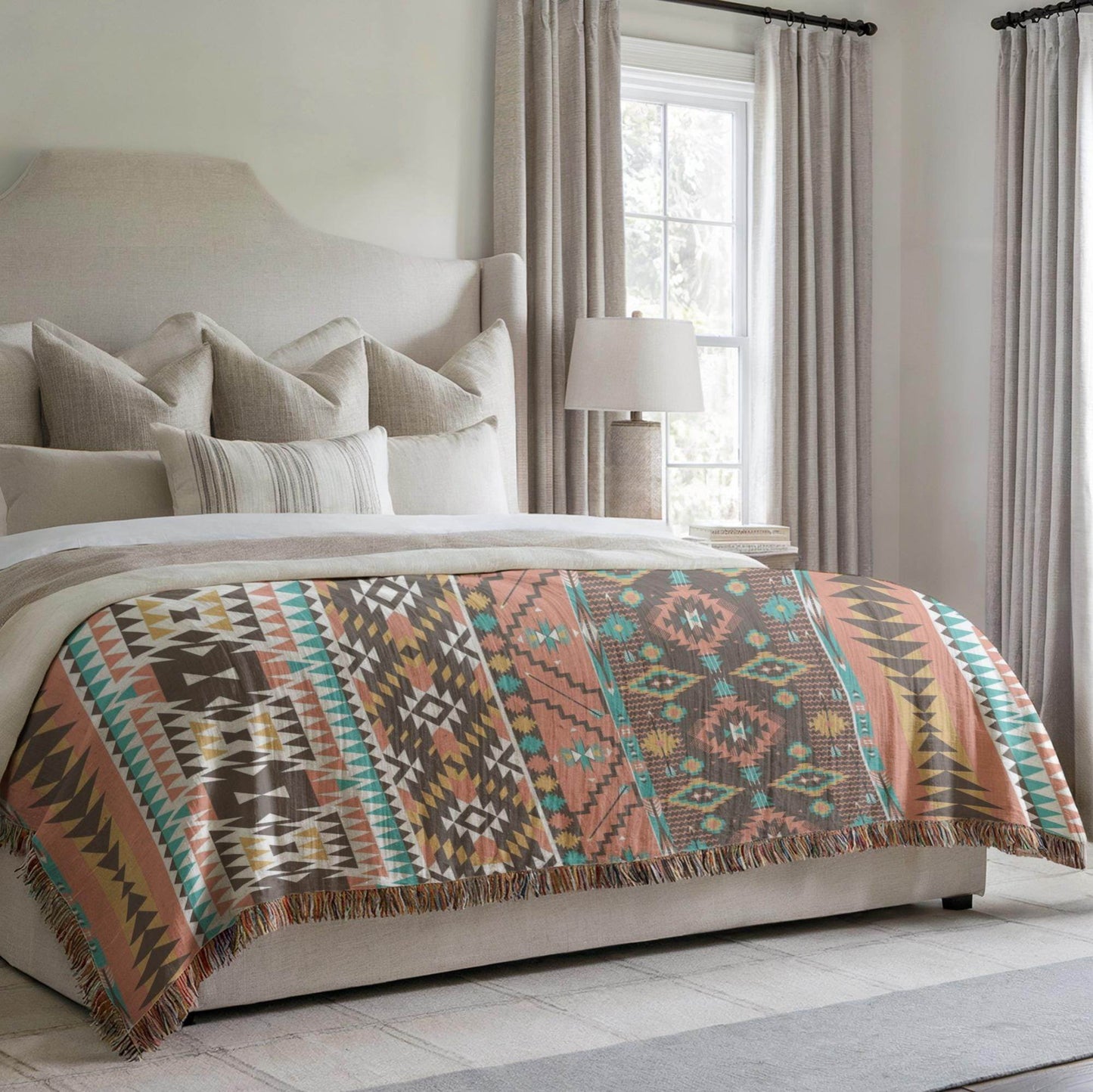 Navajo Pattern Blanket - Southwestern Bed Throw With Colorful Fringed Edges - timelessbohochic.com