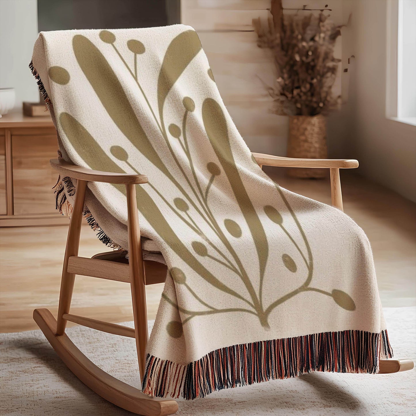 Woven Office Blanket - Mid Century Modern Linden Leaf Cotton Throw with Fringed Edges - timelessbohochic.com