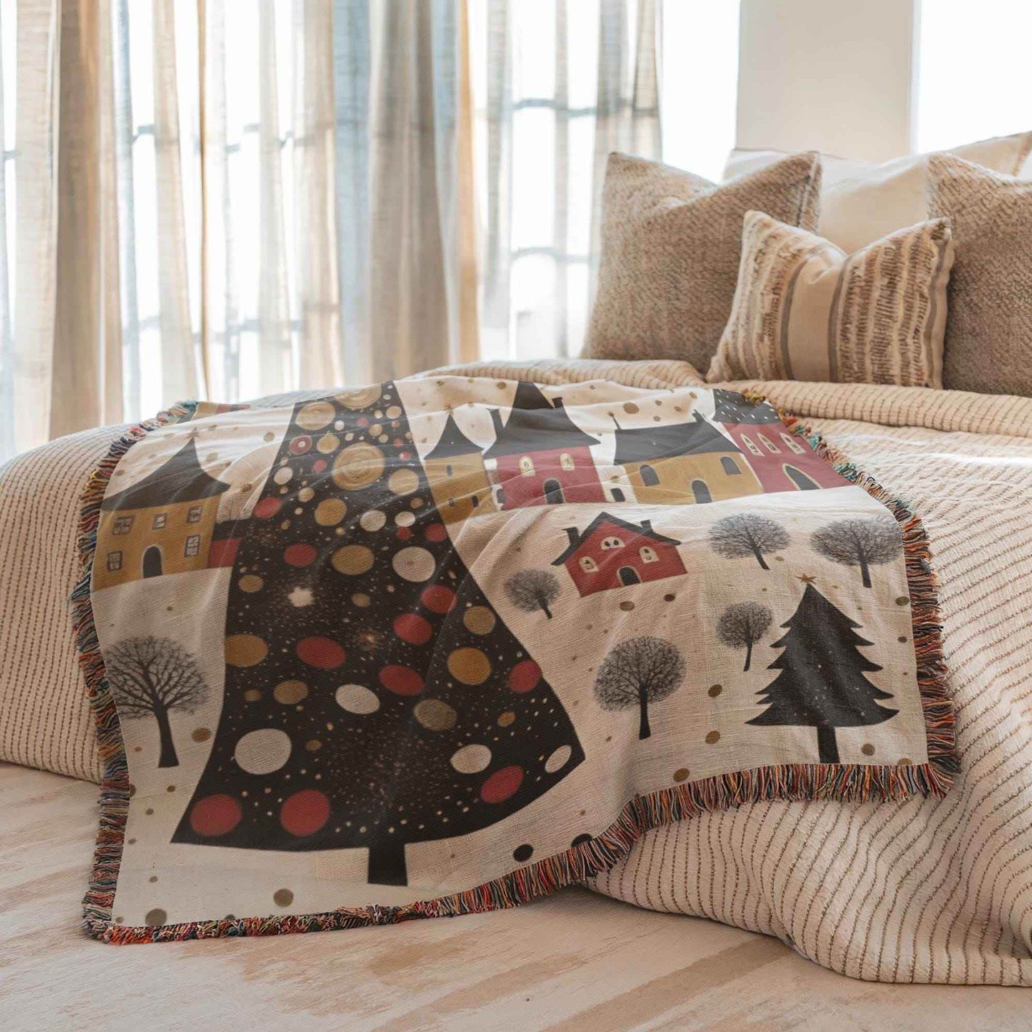 Christmas Village Throw – Cozy Cotton Holiday Bedding With Festive Folk Art Blanket - timelessbohochic.com