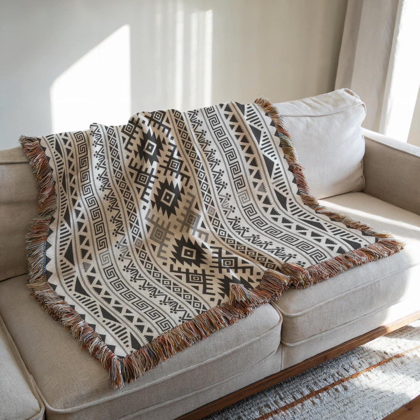 a beige couch with a decorative throw blanket draped over it. The blanket has a geometric pattern in shades of black and white, with fringe details. The couch is positioned against a white wall, and there is a window nearby.