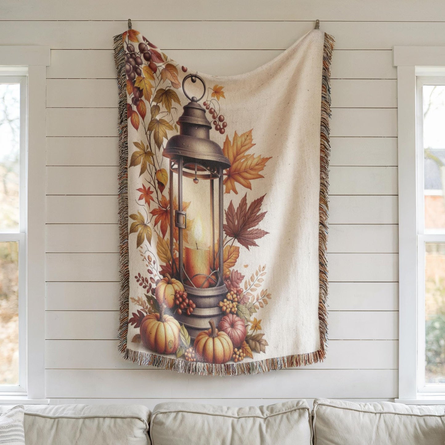 Texture Wall Art - Cozy Rustic Decoration With Pumpkin, Autumn Leaves & Colorful Fringed Edges