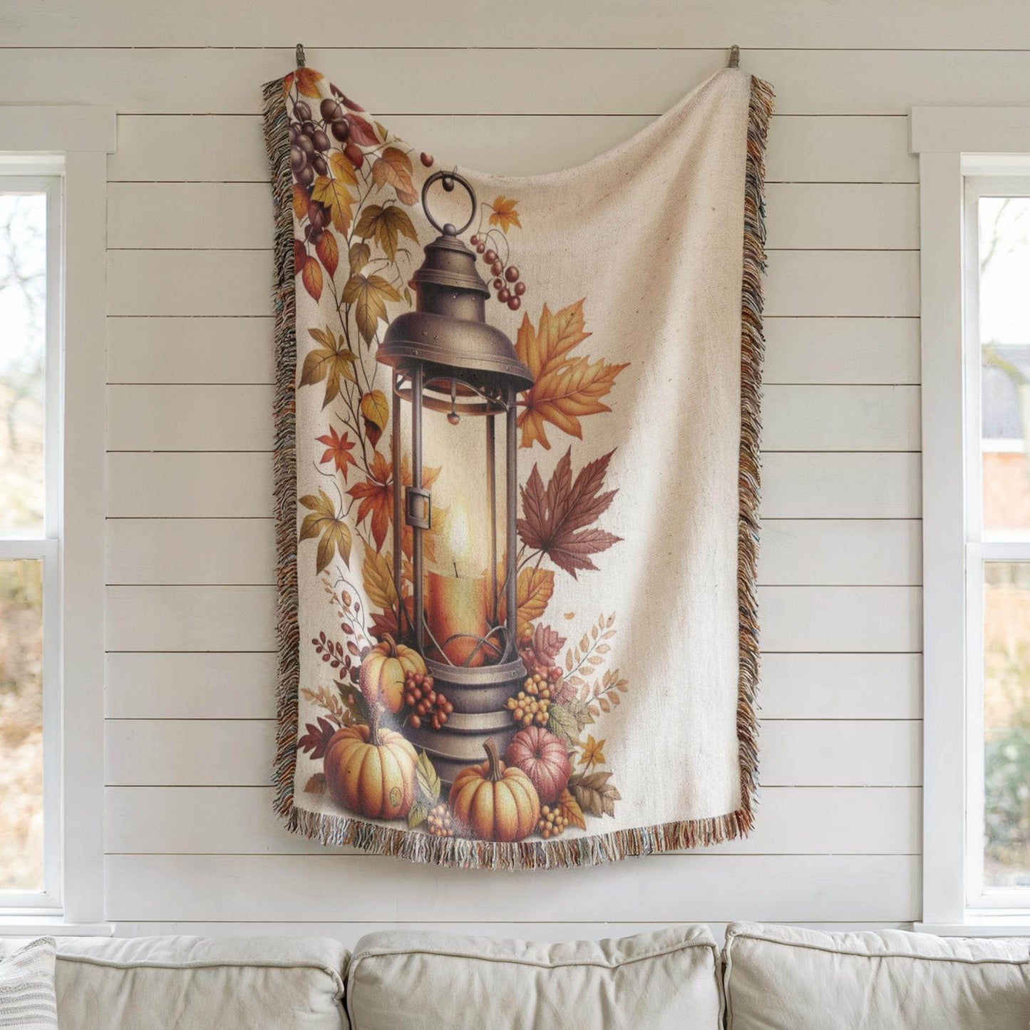Texture Wall Art - Cozy Rustic Decoration With Pumpkin, Autumn Leaves & Colorful Fringed Edges - timelessbohochic.com