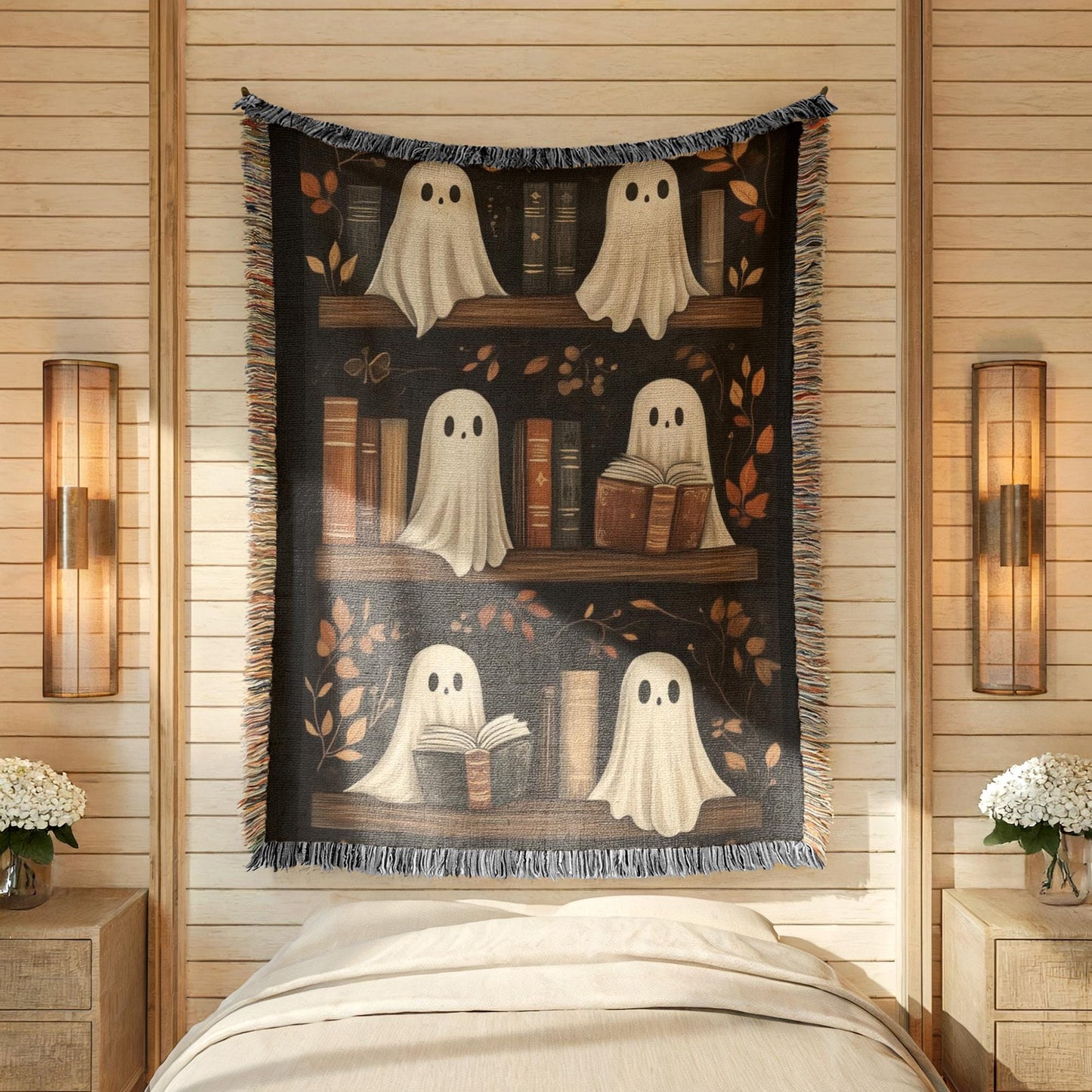 Ghost Blanket Woven Throw – Cozy Cotton Halloween Bedding with Colorful Fringed Edges