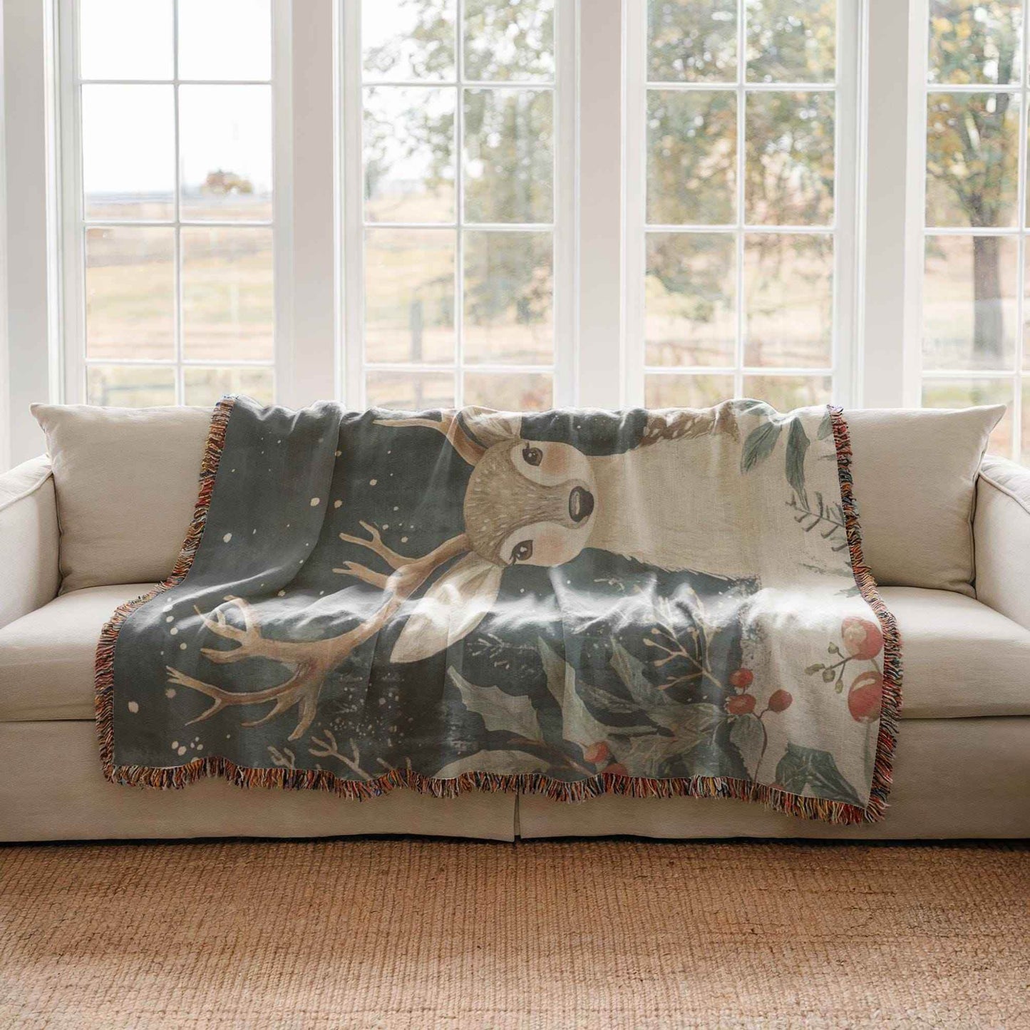 Woodland Animal Throw | Cozy Winter Blanket With Bambi & Holly Design - Rustic Cotton - timelessbohochic.com