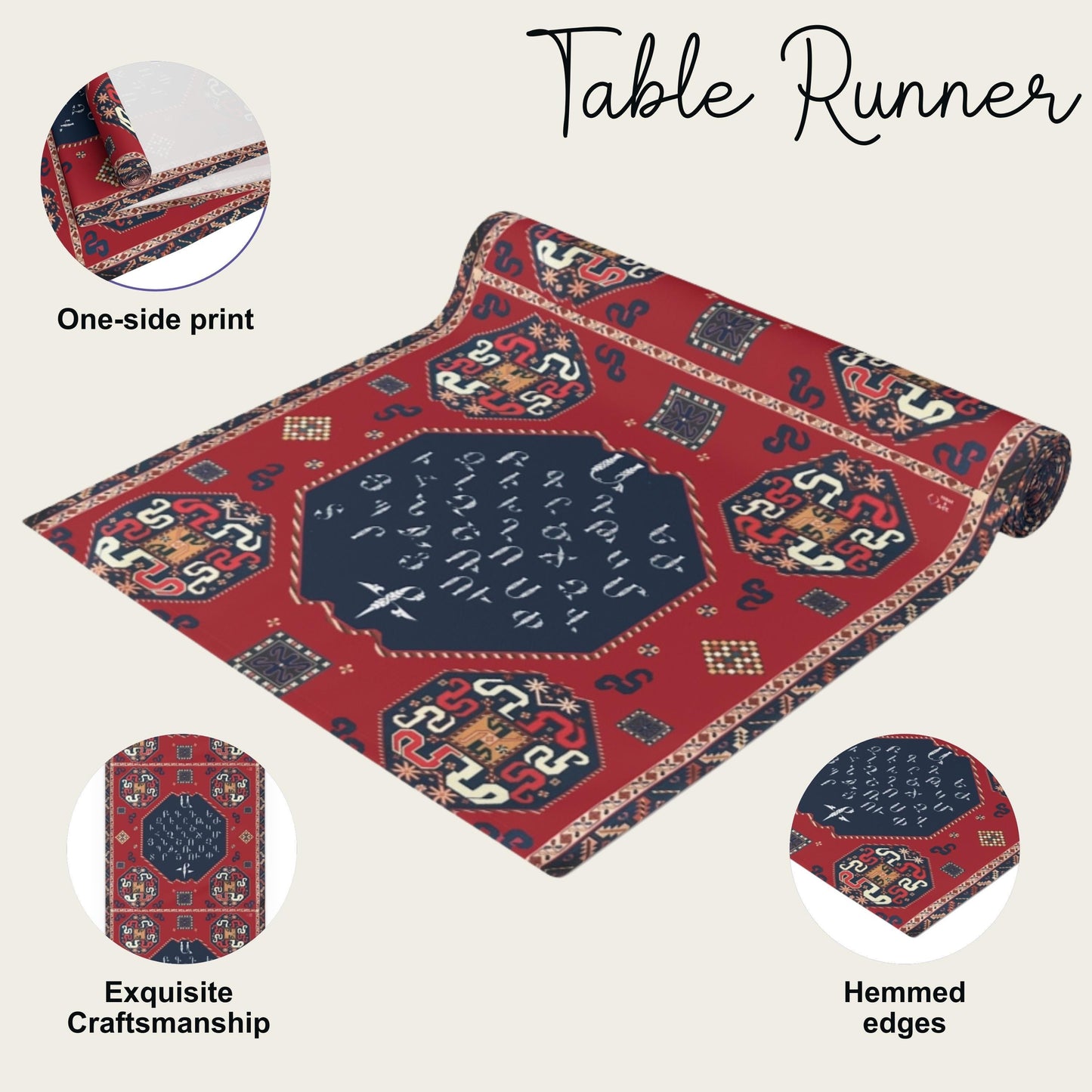 Armenian Table Runner – Cotton Boho Table Linen with Armenian Alphabet Decor