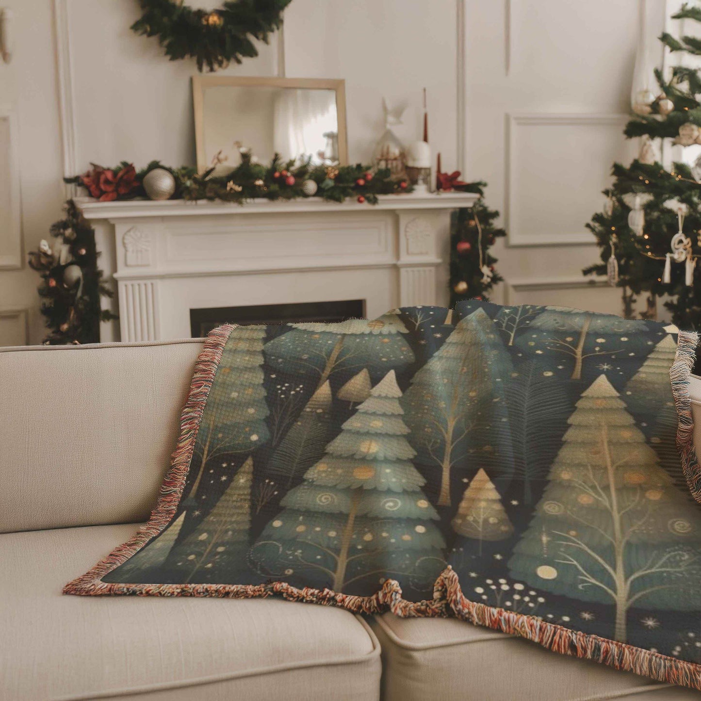 Forestcore Christmas Blanket - Festive Office Decor | Woven Cotton Throw with Fringed Edges - timelessbohochic.com