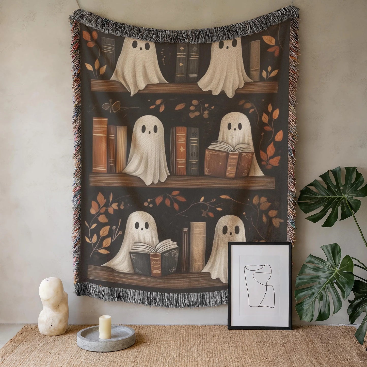 Halloween Tapestry Decor – Spooky Ghost Wall Art | Cozy Cotton Bookshelf Hanging