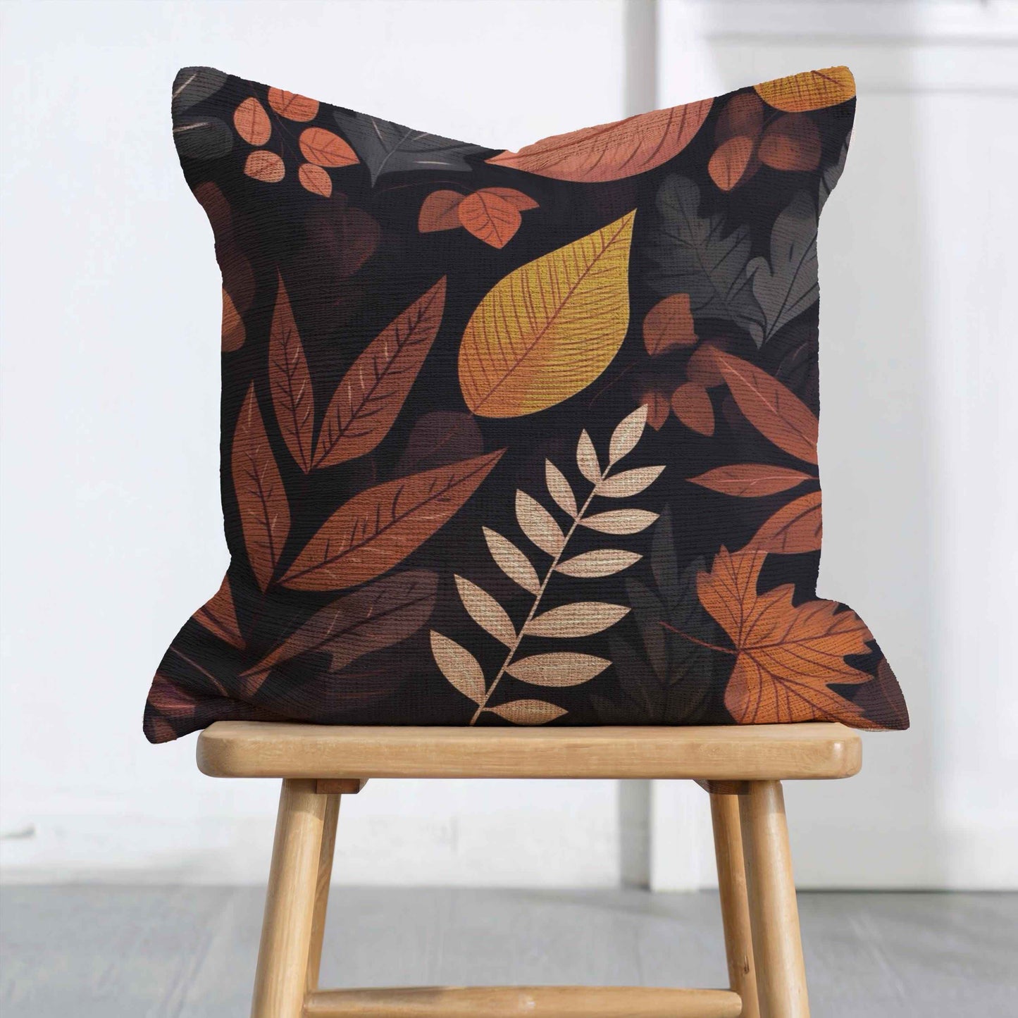 Leaf Print Pillow Cover - Rustic Fall Throw Pillow | Woven Cotton Cushion 17x18"