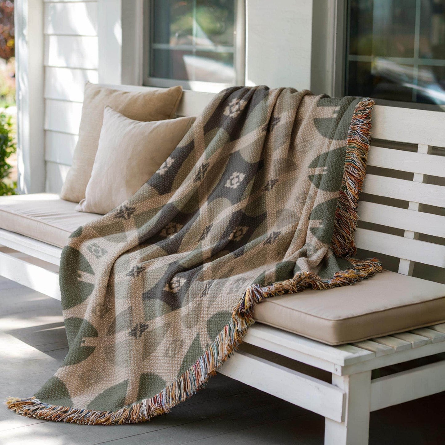 Woven Tapestry Wall Hanging - Mid Century Modern Wall Tapestry in Green Beige Geometric Design - timelessbohochic.com