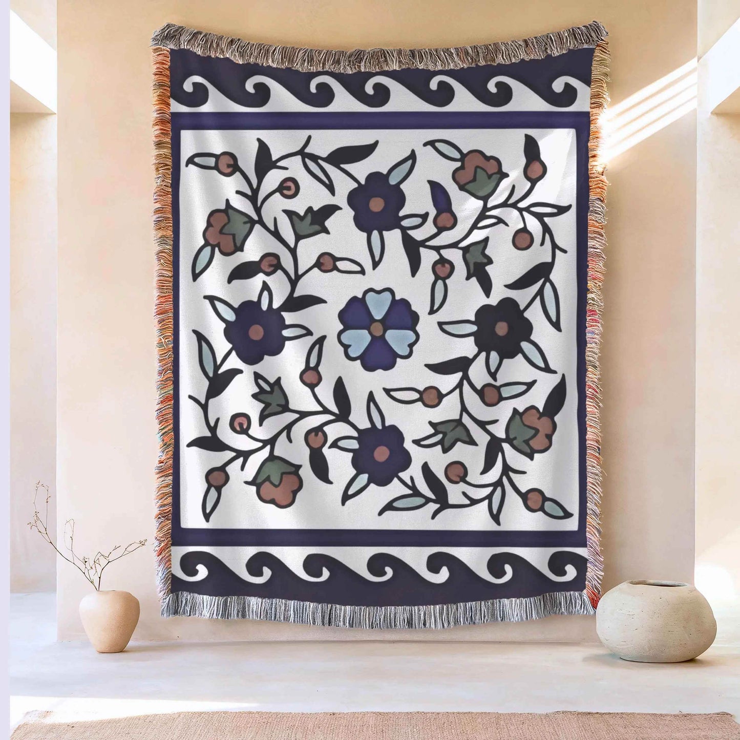 Iznik Cotton Throw Blanket - Floral Bedding Set with Turkish Throw Pillows for King and Queen Beds - timelessbohochic.com