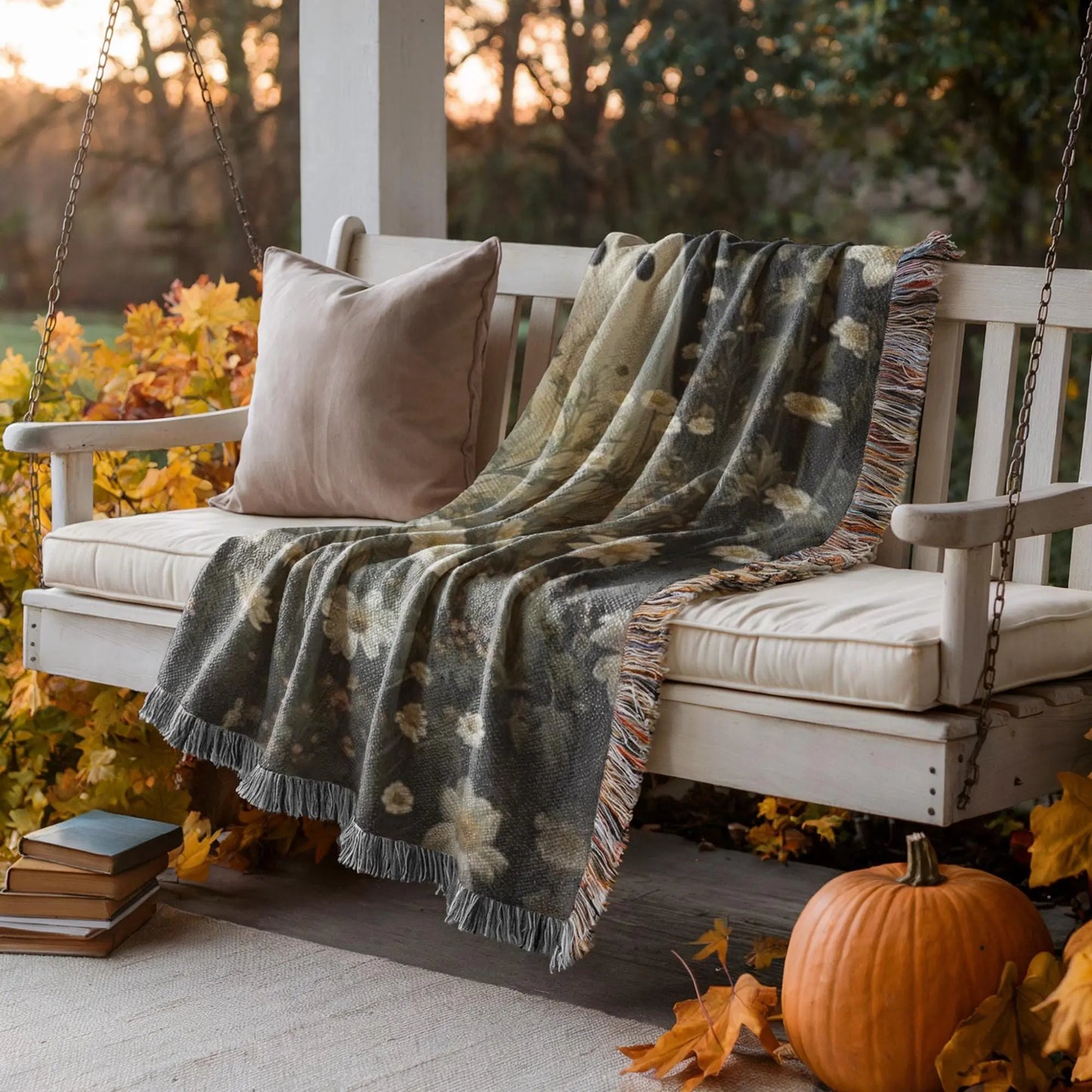 Halloween Woven Blanket - Cozy Throw With Cute Ghost Design & Floral Wildflowers