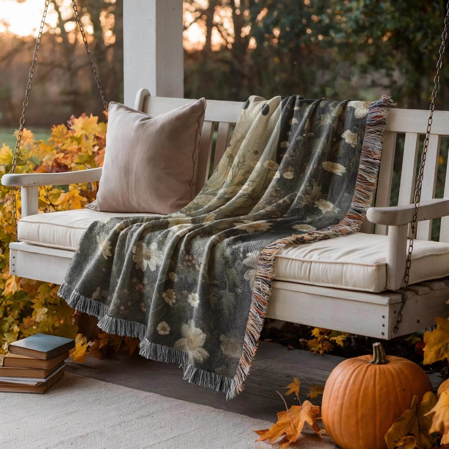 Halloween Woven Blanket - Cozy Throw With Cute Ghost Design & Floral Wildflowers - timelessbohochic.com