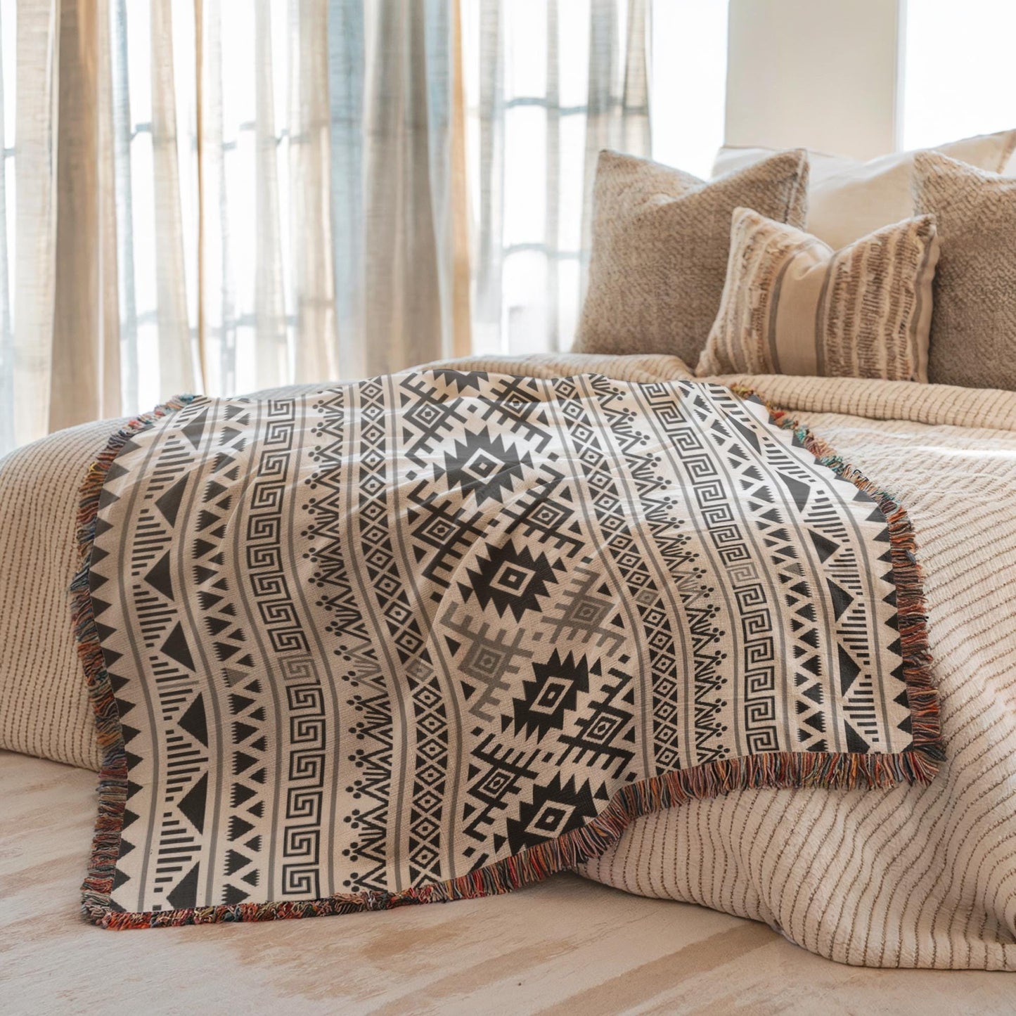 a cozy bedroom scene with a bed covered in a patterned blanket and pillows. The bed is positioned against a window with curtains, allowing natural light to fill the room. The overall atmosphere of the room is warm and inviting, with the bed and window as the main focal points.