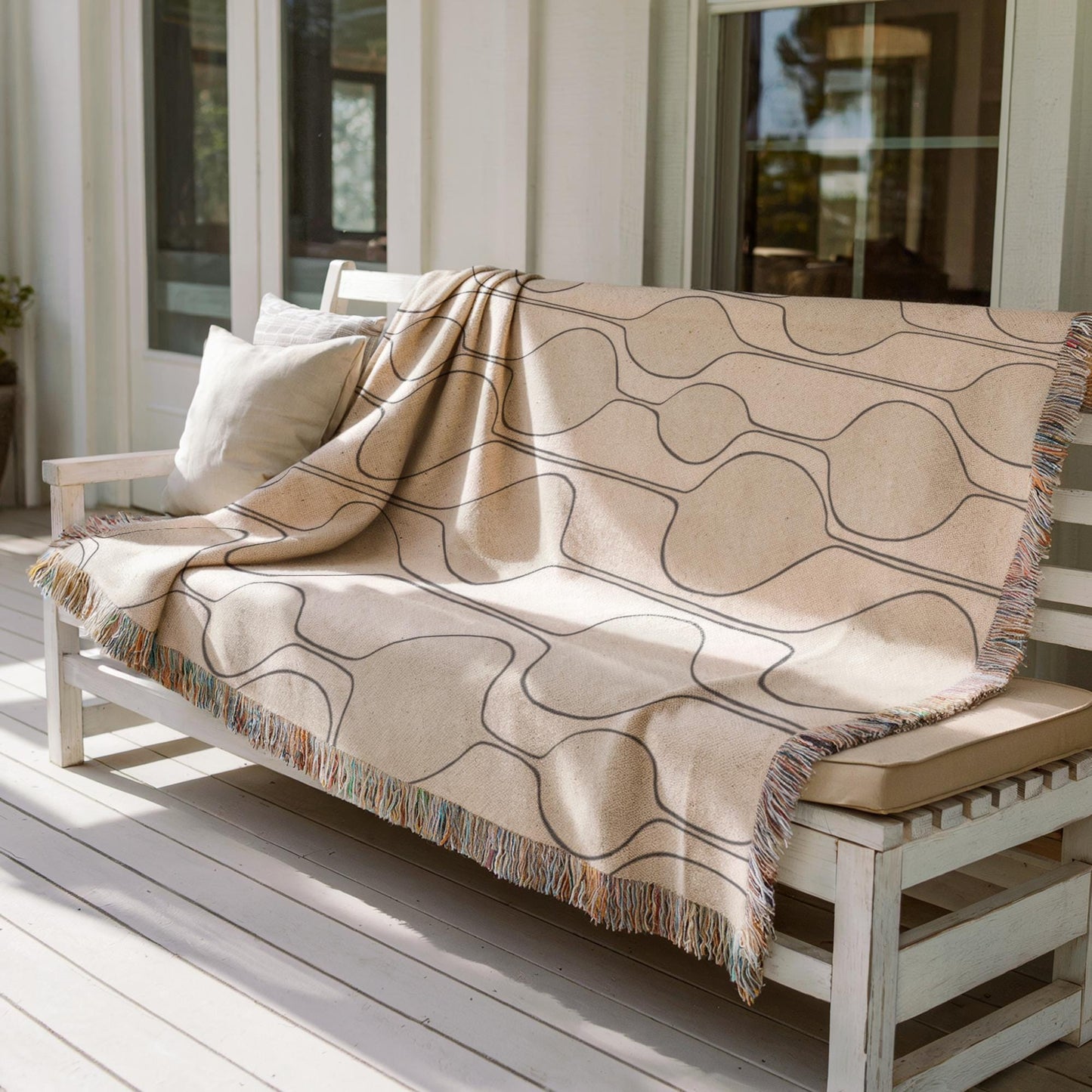Mid Century Modern Throw - Woven Cotton Blanket With Geometric Pattern & Colorful Fringed Edges