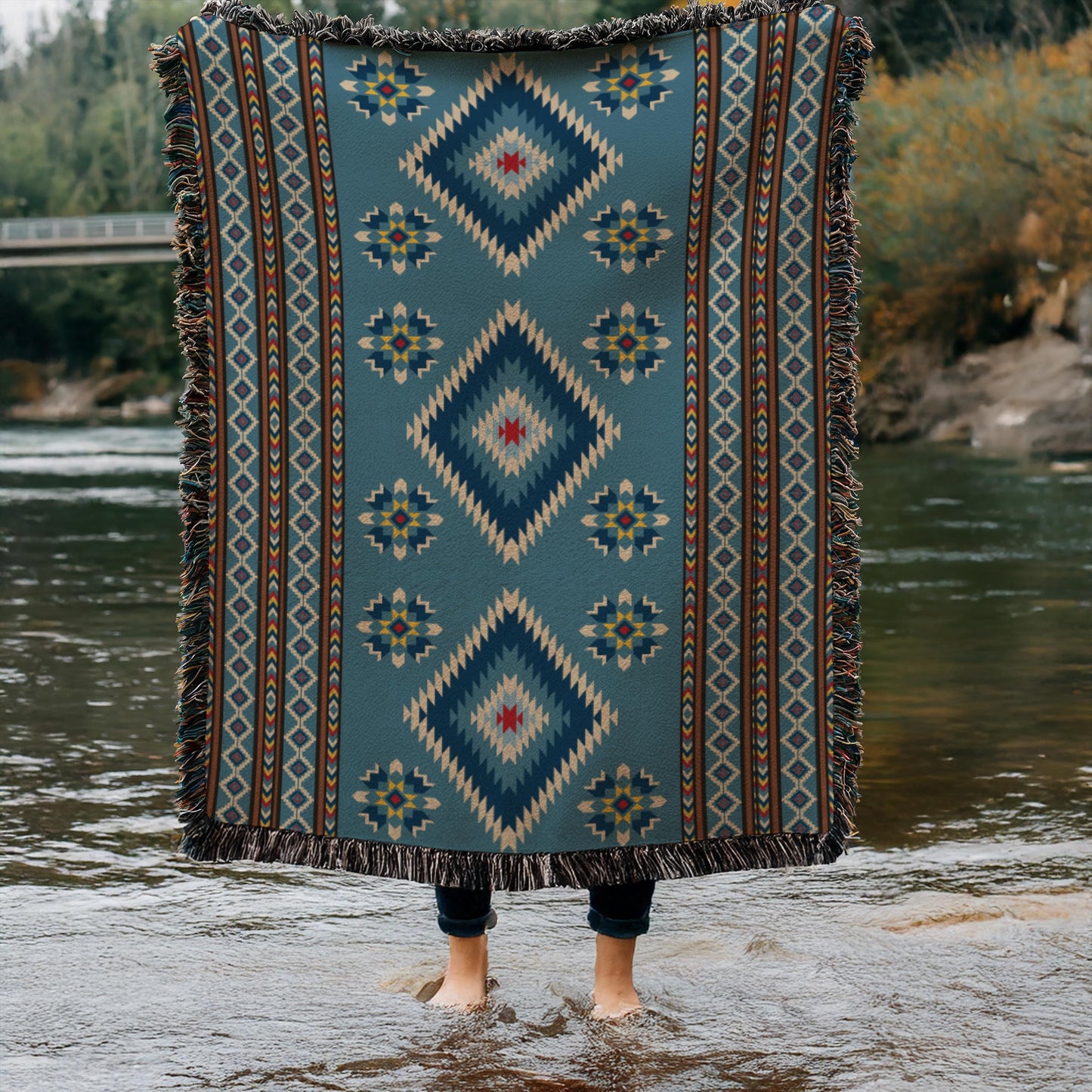 Navajo Woven Blanket – Southwestern Throw | Cotton Picnic Blanket With Fringed Edges