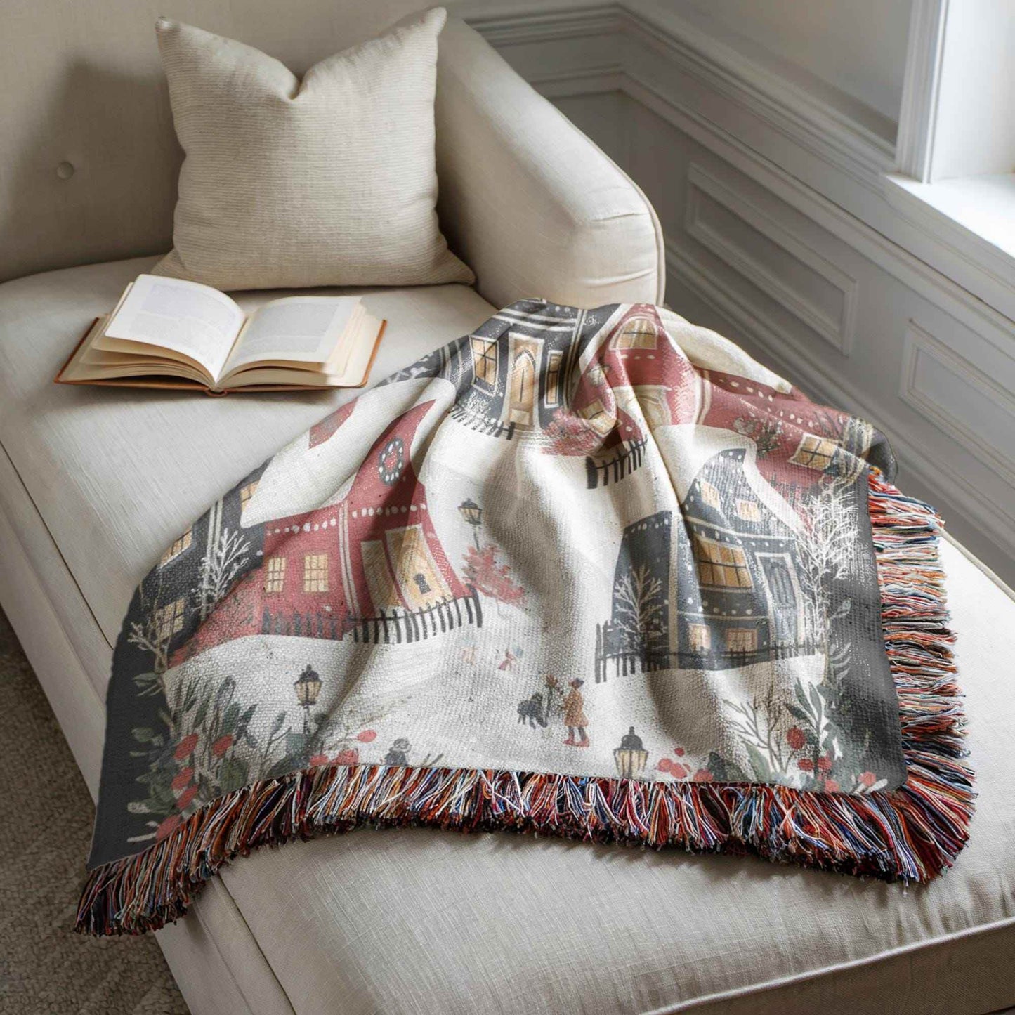Holiday Cotton Tapestry – Christmas Village Decor | Festive Woven Blanket Throw - timelessbohochic.com