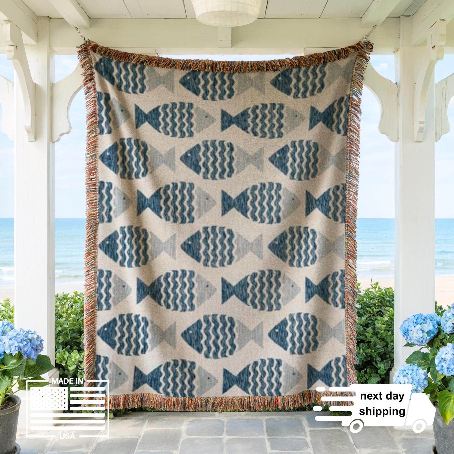 Coastal Boho Throw Blanket - Soft Cotton Blanket with Nautical Fish Motif & Fringed Edges - timelessbohochic.com