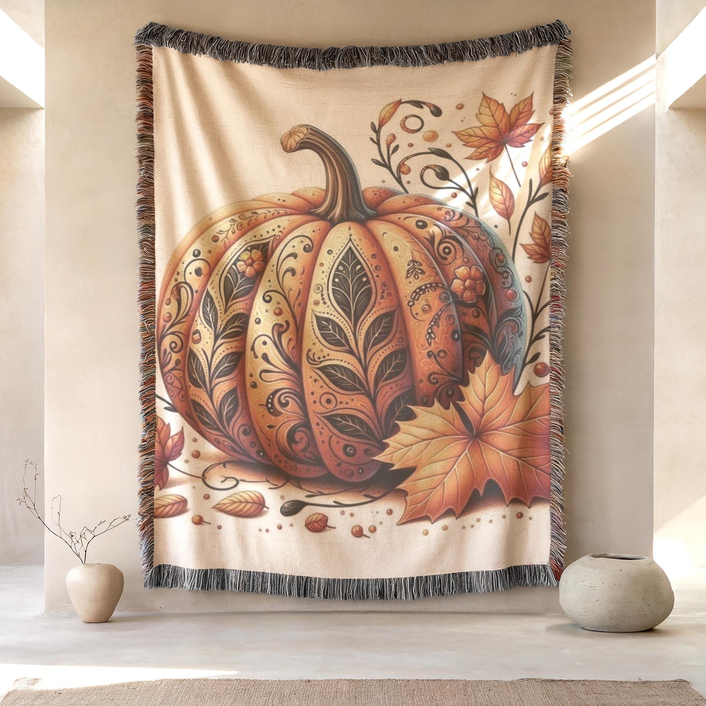 Thanksgiving Throw Tapestry - Pumpkin Wall Art | Cozy Fall Home Decor