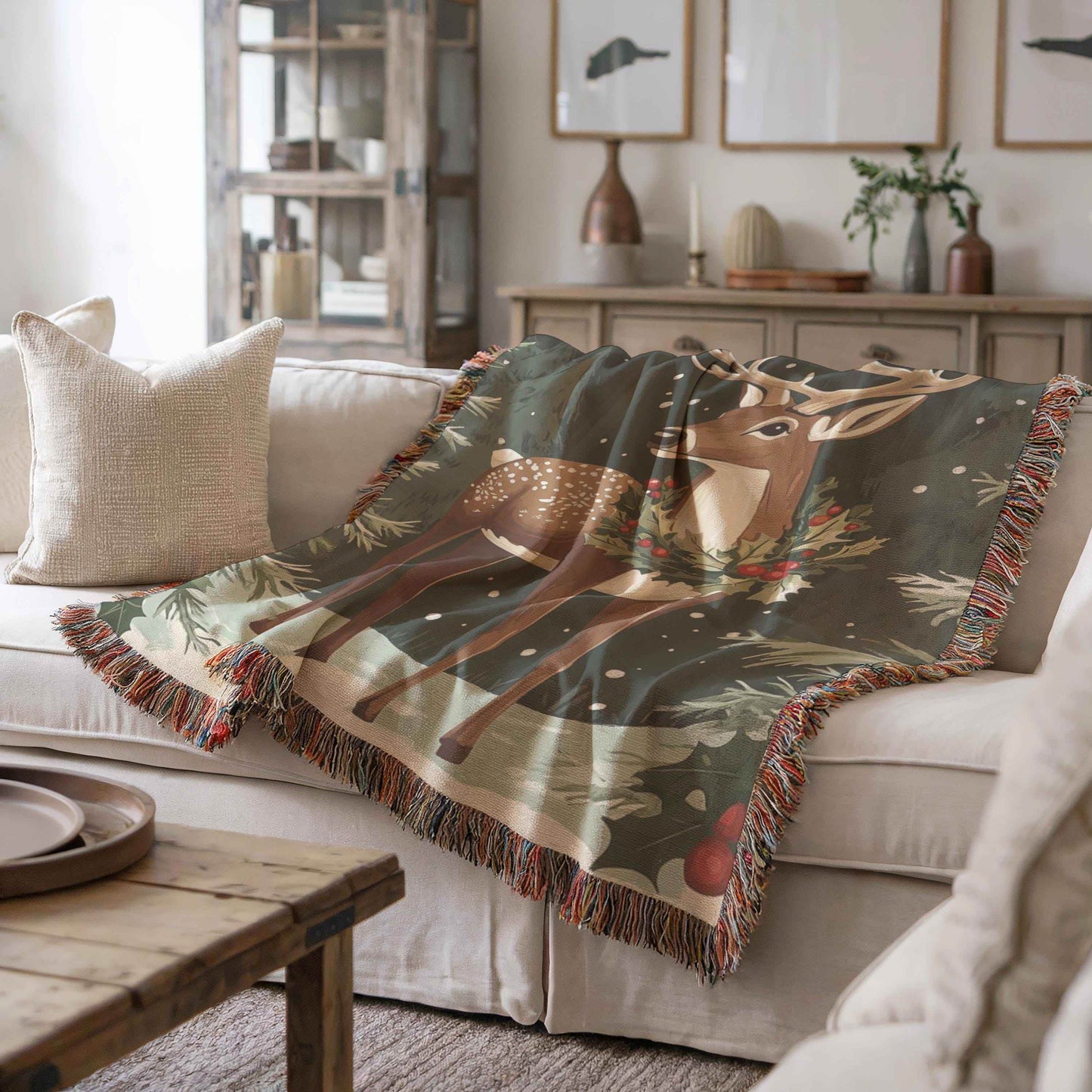 Christmas Woven Blanket – Cozy Cotton Throw With Festive Reindeer & Woodland Creatures - timelessbohochic.com