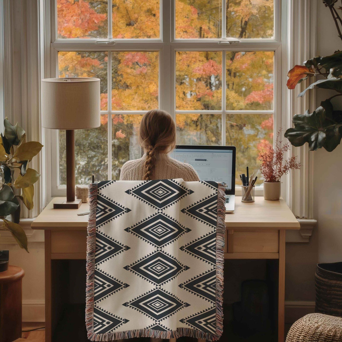 Cotton Southwestern Throw Blanket with Tribal Pattern and Fringed Edges - timelessbohochic.com