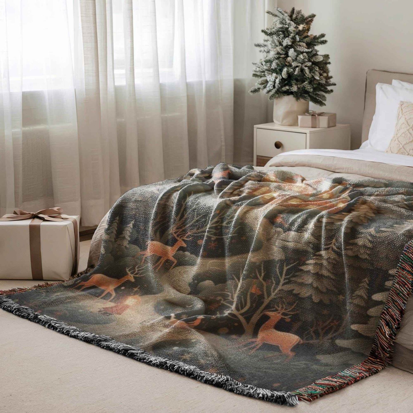 Christmas Bedroom Blanket - Festive Winter Throw with Reindeer & Trees | Soft Cotton Woven - timelessbohochic.com