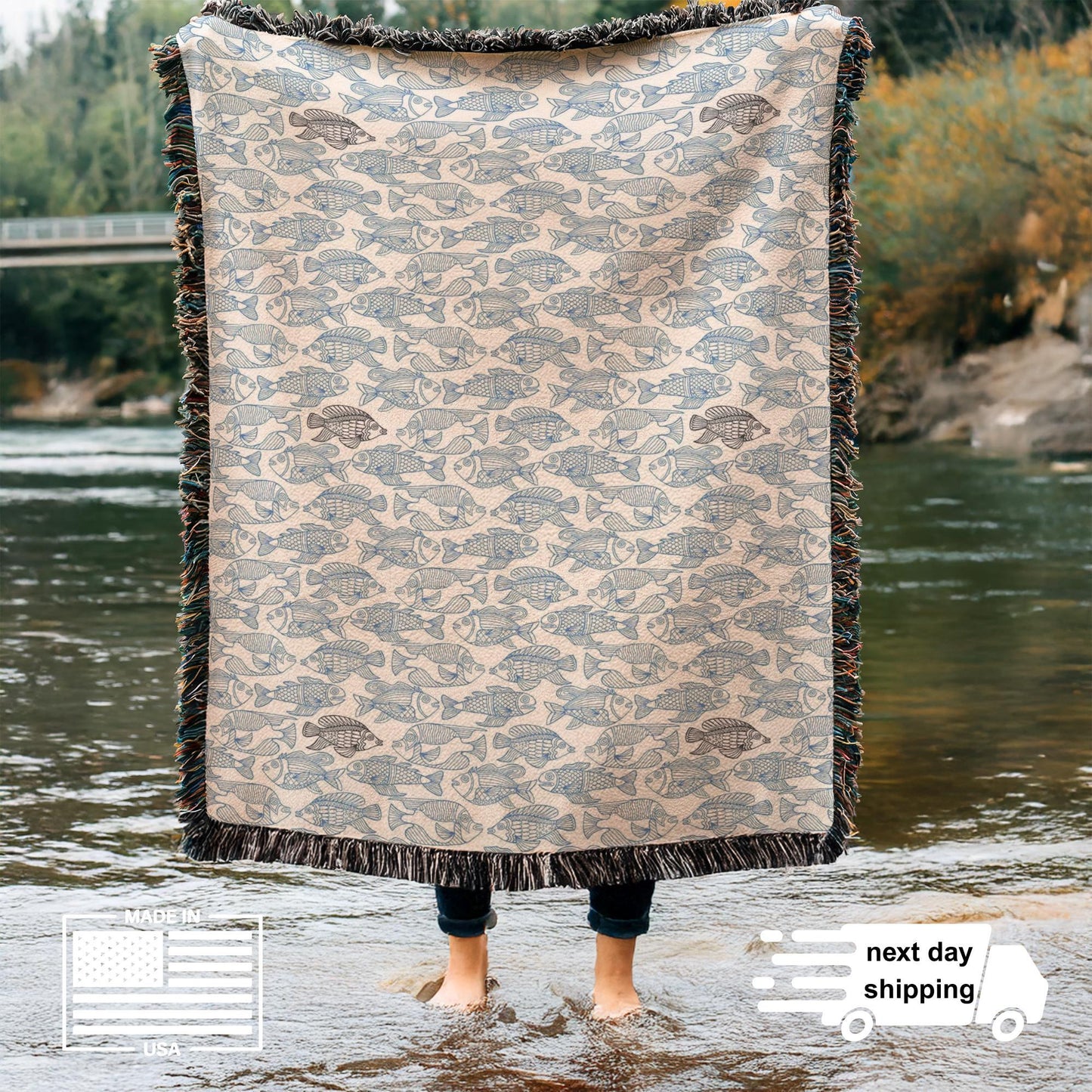 Patio Woven Blanket – Blue Fish Nautical Throw Cover | Coastal Home Decor