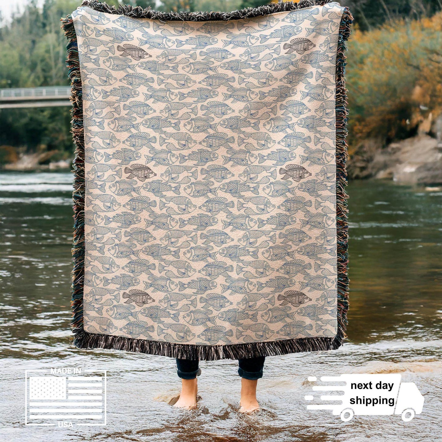 Patio Woven Blanket – Blue Fish Nautical Throw Cover | Coastal Home Decor - timelessbohochic.com