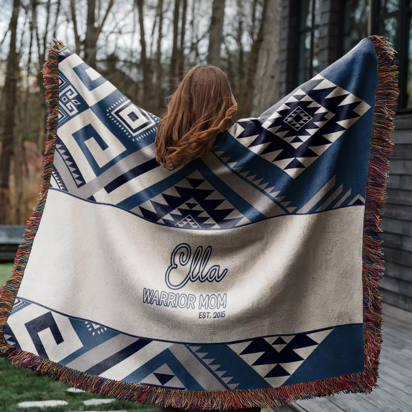 Personalized Woven Blanket – Aztec Pattern Throw | Outdoor Picnic Blanket with Colorful Fringed Edges