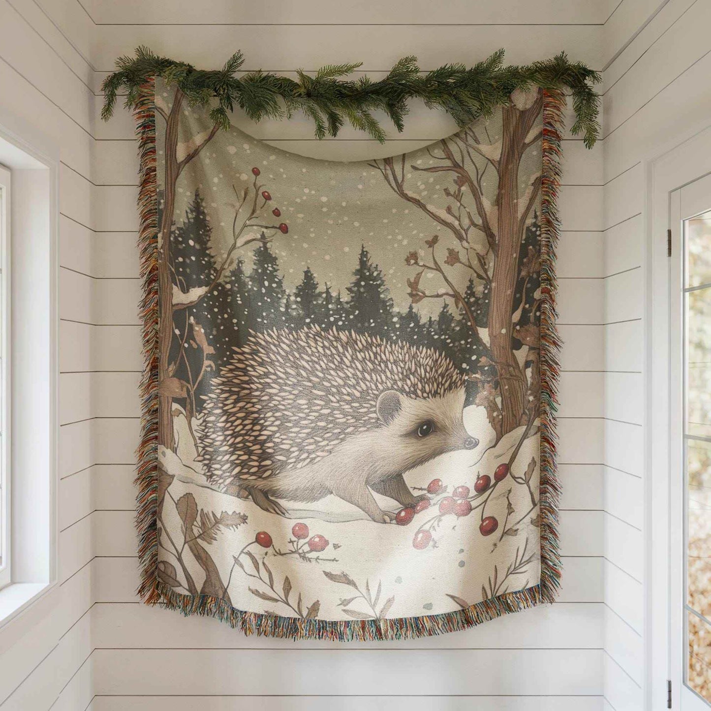 Hedgehog Wall Decor - Cozy Cotton Blanket With Woodland Creature Tapestry - timelessbohochic.com