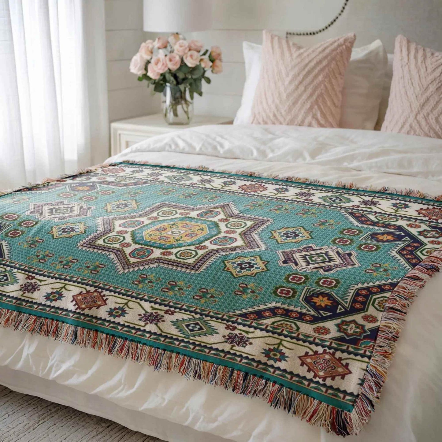 Cotton Throw Blanket - Persian Rug Throw with Pink Green Blanket, Boho Woven Bedspread - timelessbohochic.com