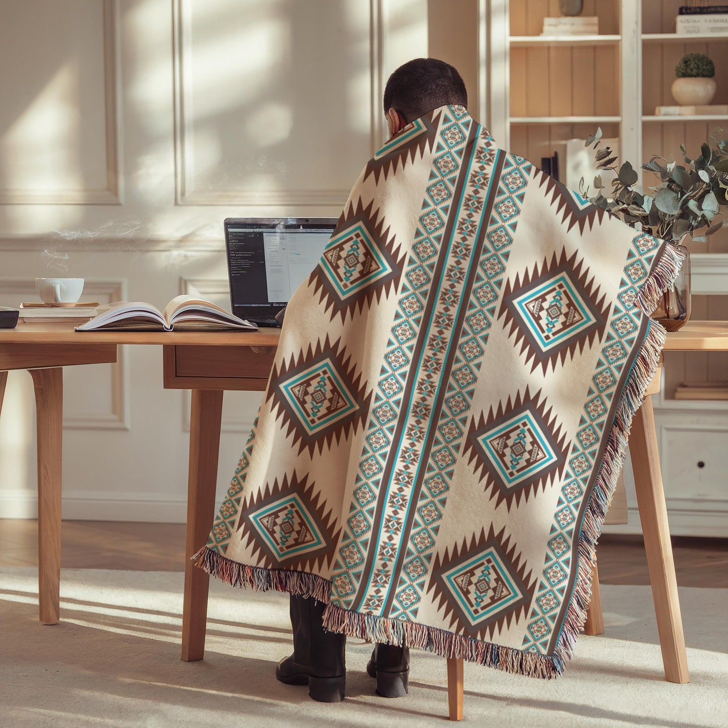 A person is sitting at a desk, wrapped in a patterned blanket, using a laptop computer.