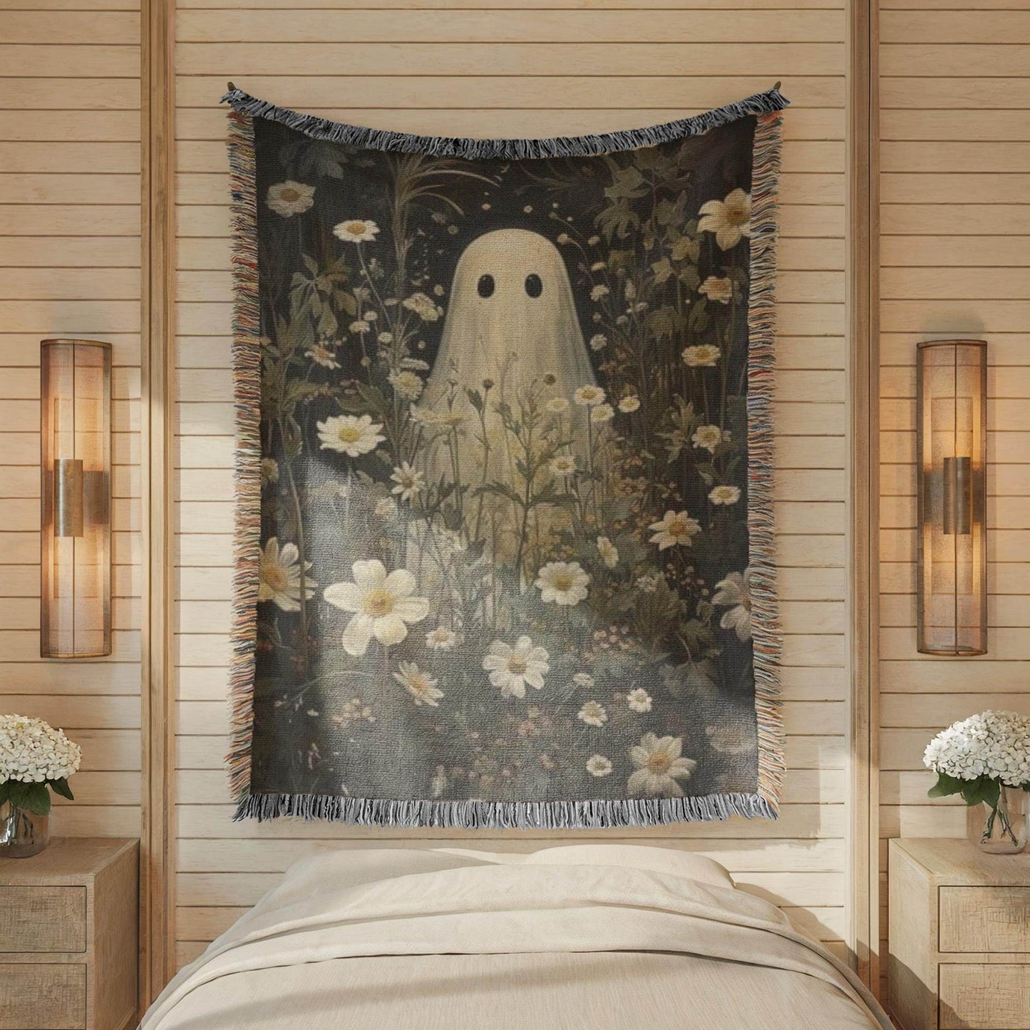 Ghost Meadow Blanket – Floral Wildflower Throw With Soft Fringed Edges - timelessbohochic.com