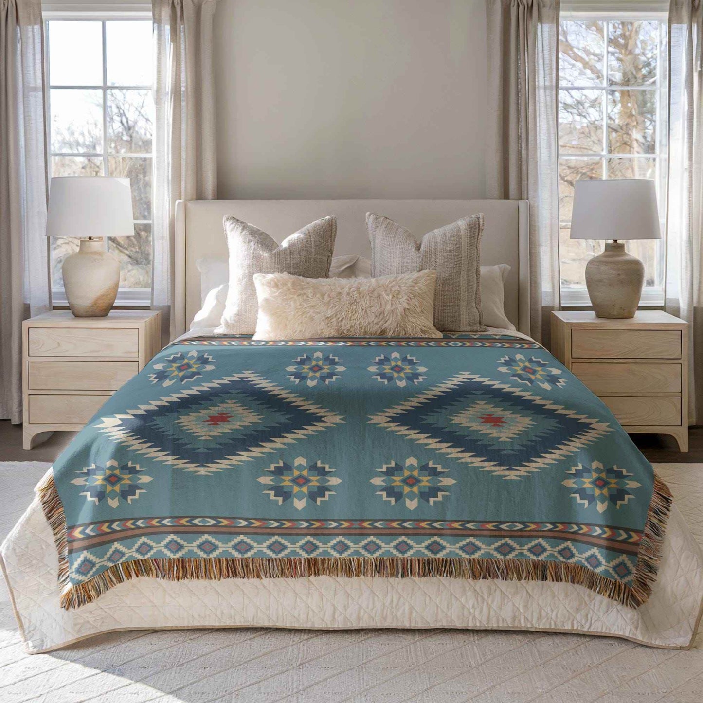 Boho Cotton Blanket - Navajo Pattern Throw With Colorful Fringed Edges - timelessbohochic.com