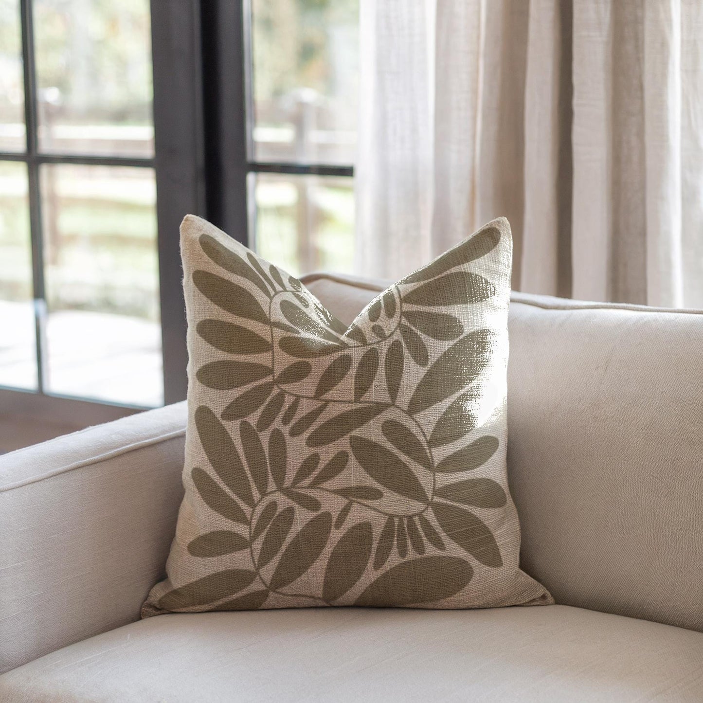 Woven Pillow - Mid Century Cushion with Scandi Leaves Pattern | Durable Cotton Blend