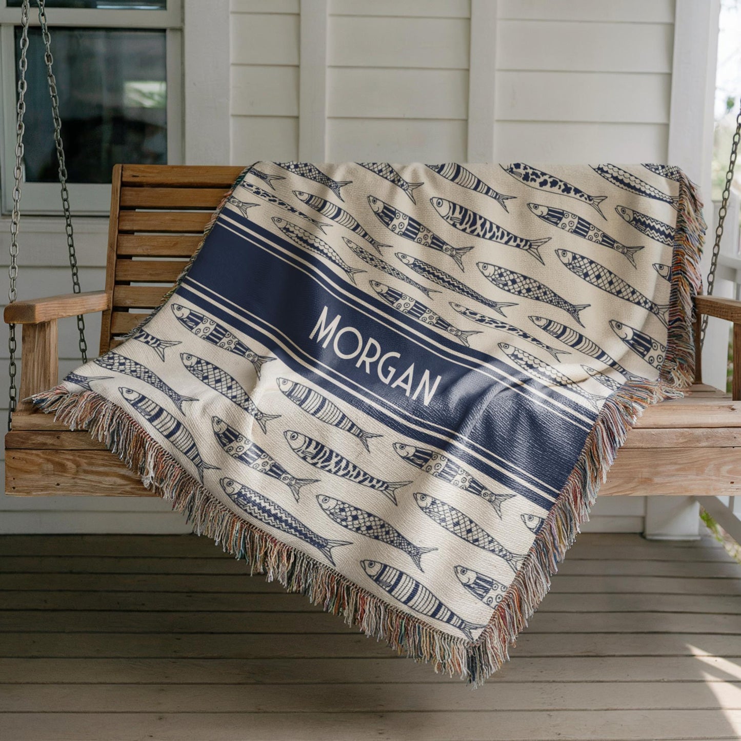 Custom Sardine Blanket | Soft Cotton Woven Throw, Personalized Beach Towel & Coastal Home Decor