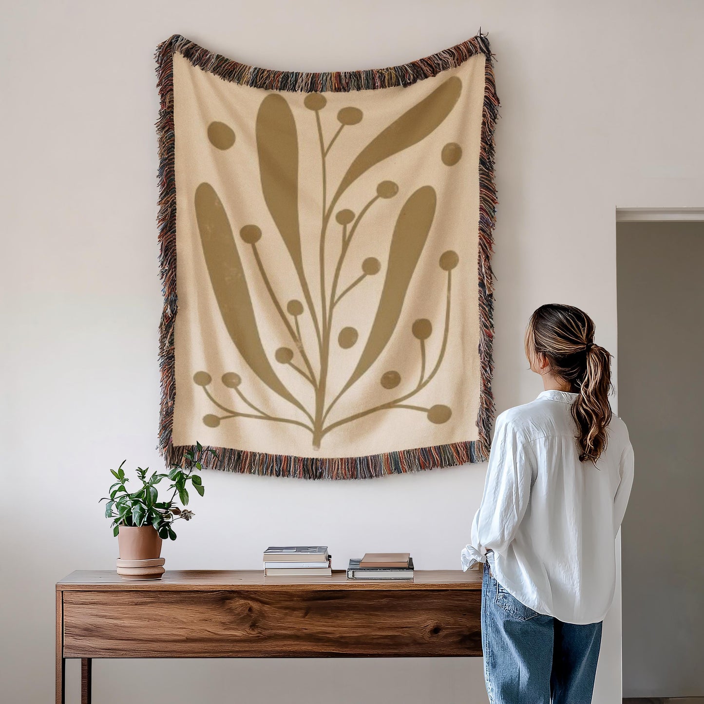 Woven Office Blanket - Mid Century Modern Linden Leaf Cotton Throw with Fringed Edges