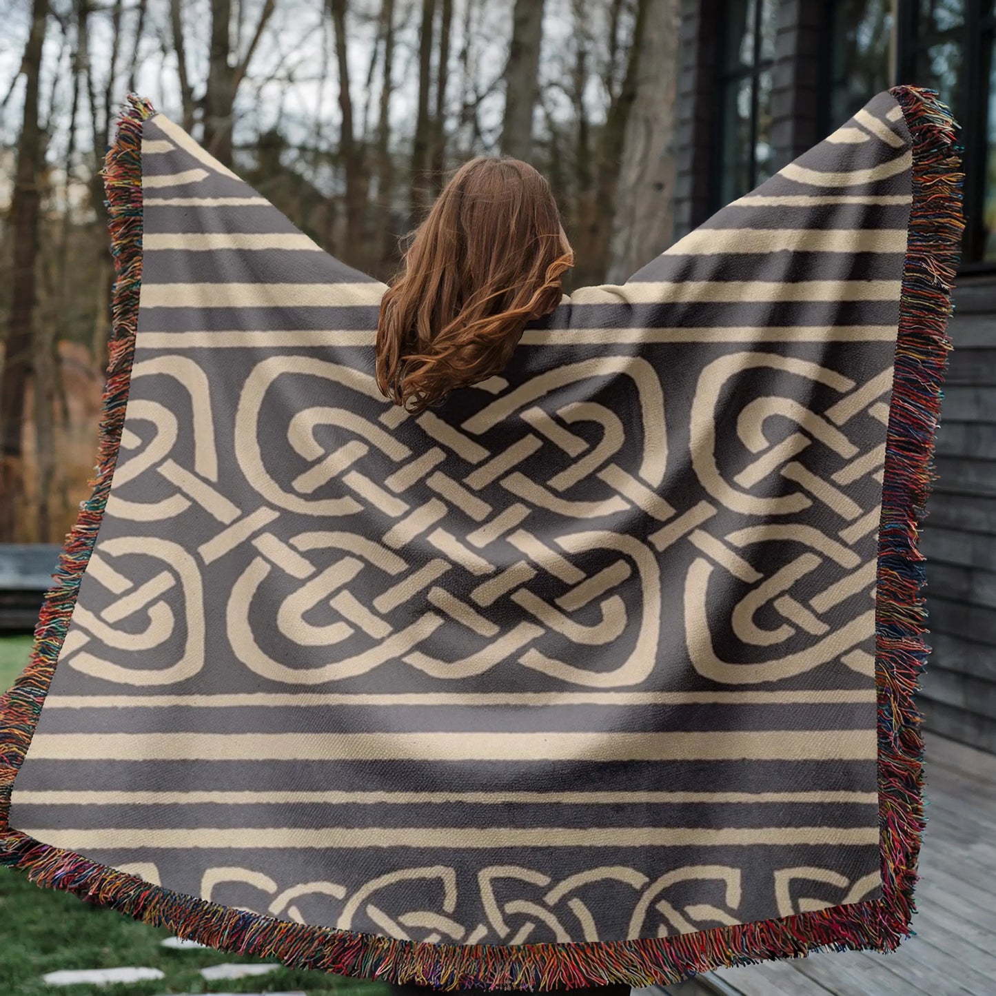 Irish Eternity Knot Blanket - Cotton Woven Throw with Colorful Fringed Edges