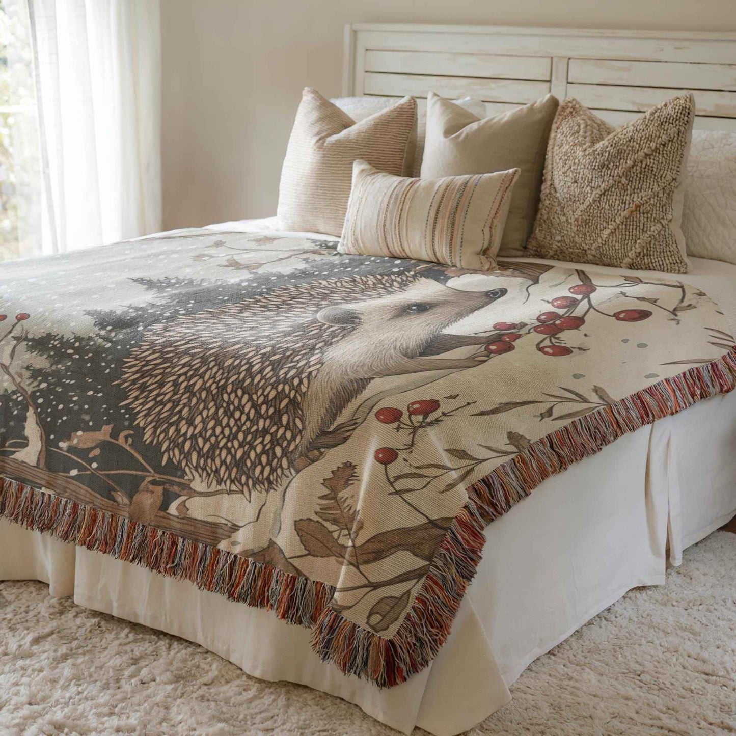 Hedgehog Bed Blanket – Cozy Cotton Throw with Festive Woodland Animal Design - timelessbohochic.com