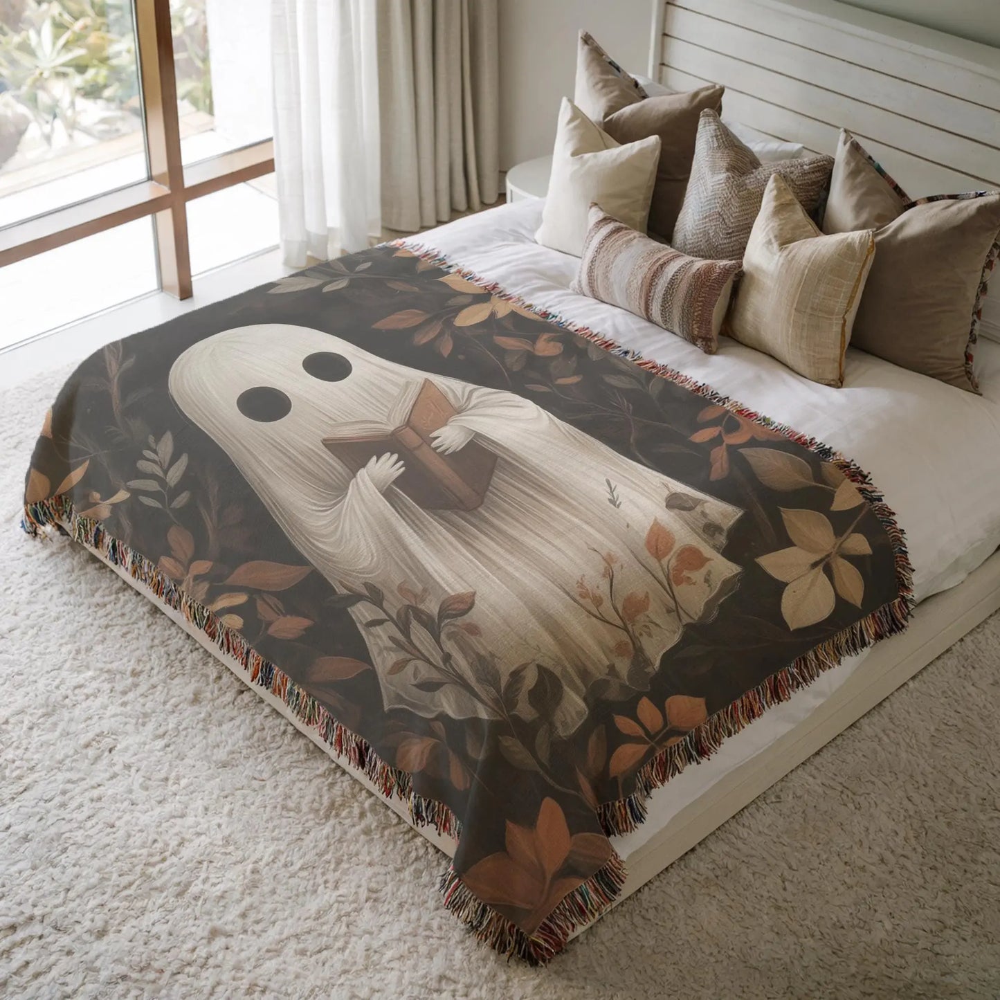 Cute Ghost Blanket – Cozy Fall Throw with Reading Ghost Decor | Cotton Fabric, Fringed Edge