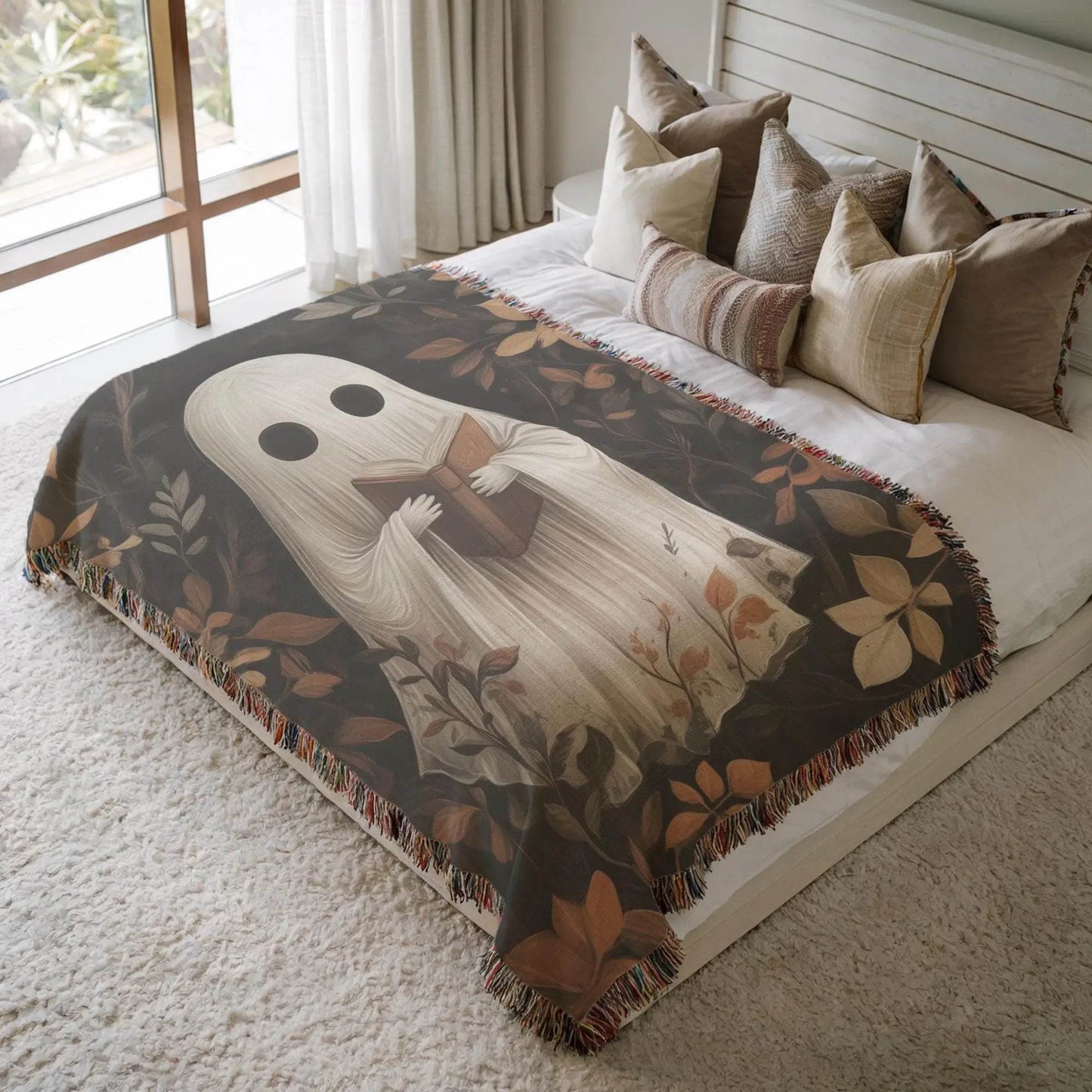 Cute Ghost Blanket – Cozy Fall Throw with Reading Ghost Decor | Cotton Fabric, Fringed Edge - timelessbohochic.com