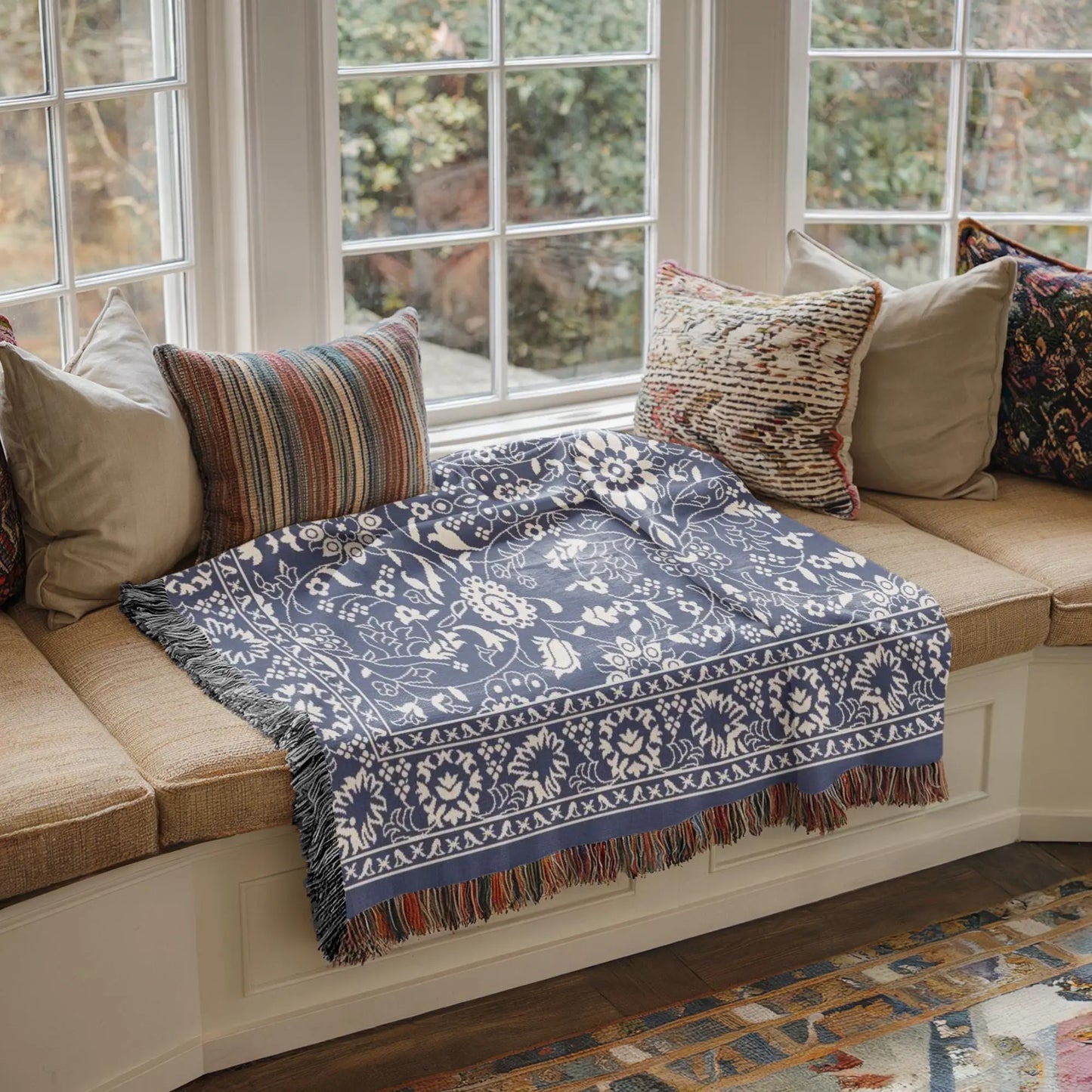 Persian Rug Throw - Boho Style Dark Blue Blanket | Handmade Woven Cotton Throw