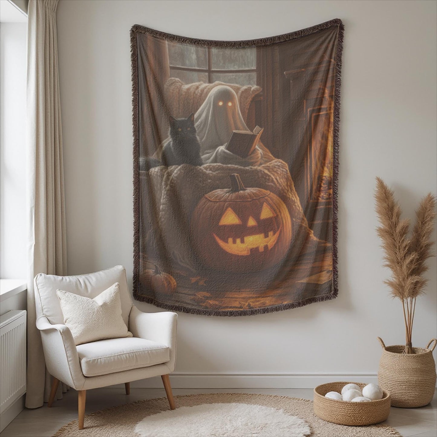 Halloween Wall Decor - Cozy Ghost Wall Hanging With Black Cat Pumpkin Art
