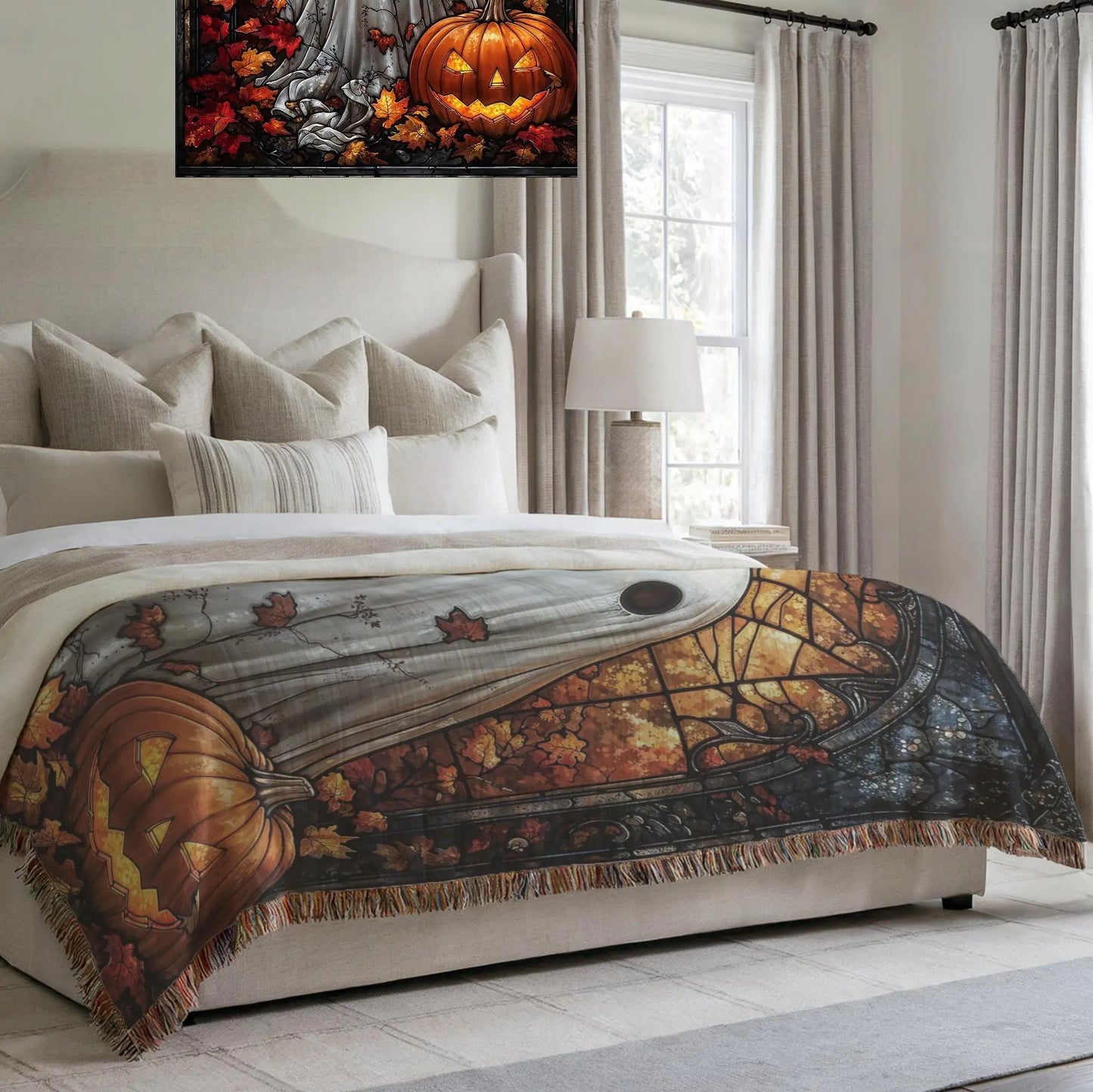 Halloween Blanket Throw – Ghost Pumpkin Design | Cozy Cotton Woven Blanket