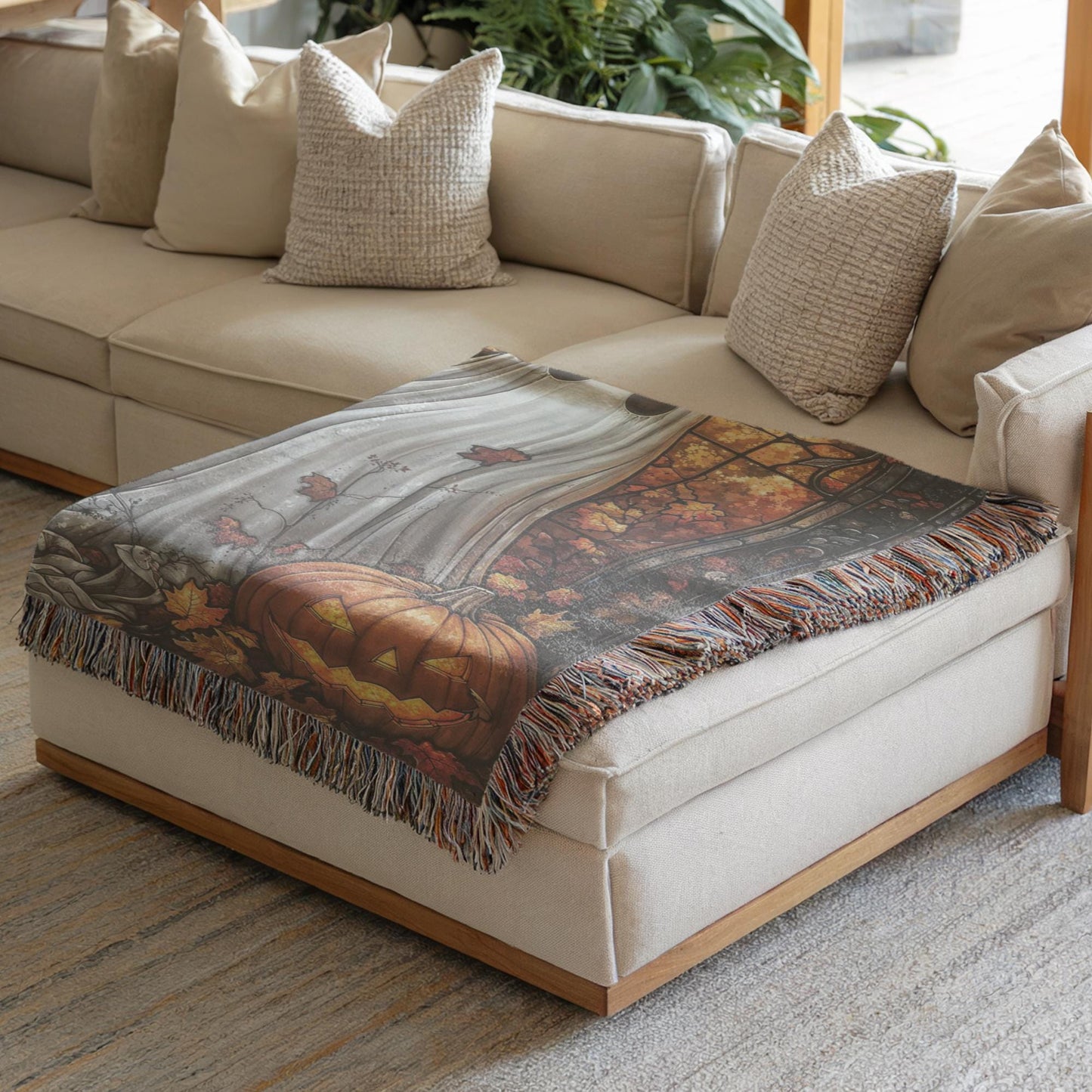 Halloween Living-Room Blanket – Ghost Pumpkin Throw With Stained Glass Design