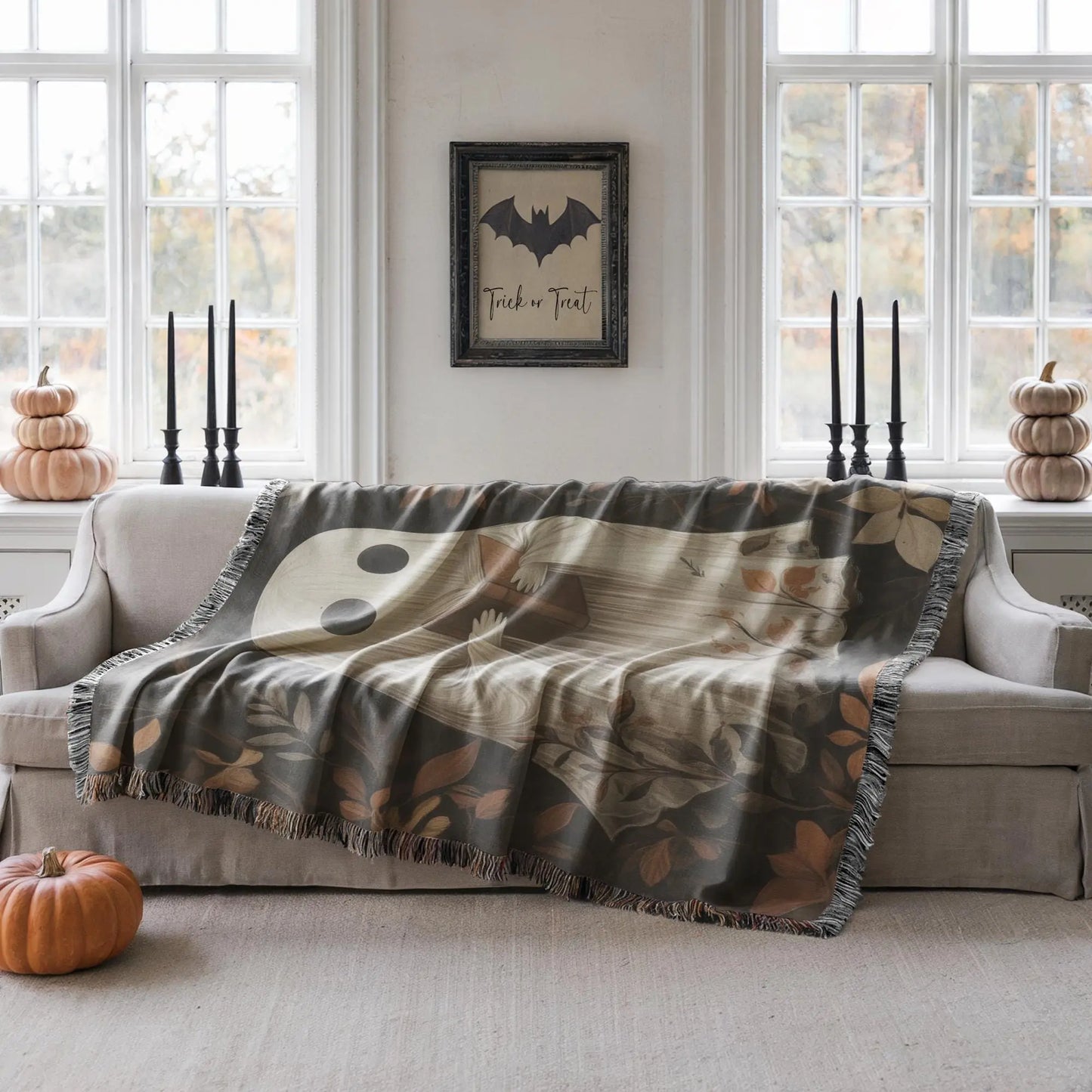 Cute Ghost Blanket – Cozy Fall Throw With Soft Cotton Woven Fabric & Colorful Fringed Edges