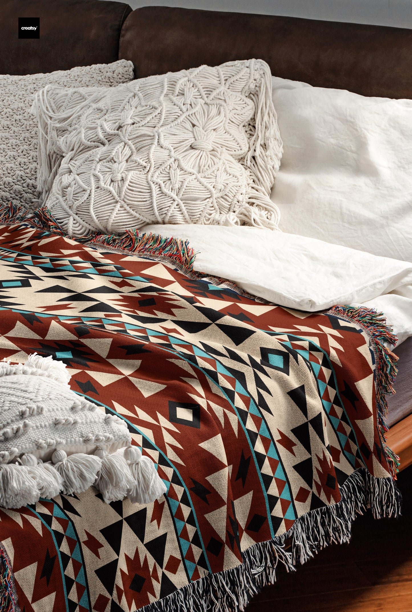 Ikat Throw Blanket – Southwestern Pattern, Cotton Fringed Edge Blanket, Cozy Home Decor